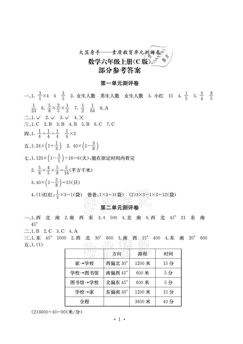 2020年大顯身手素質(zhì)教育單元測評卷六年級數(shù)學(xué)上冊人教版C版北海專版 參考答案第1頁