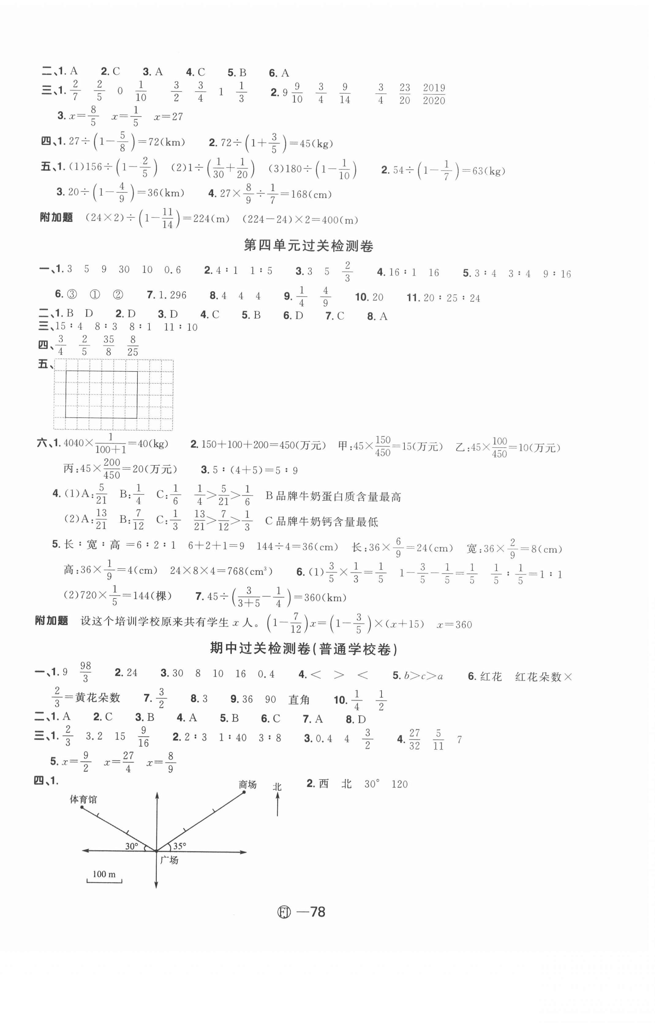 2020年陽光同學(xué)一線名師全優(yōu)好卷六年級數(shù)學(xué)上冊人教版福建專版 參考答案第2頁