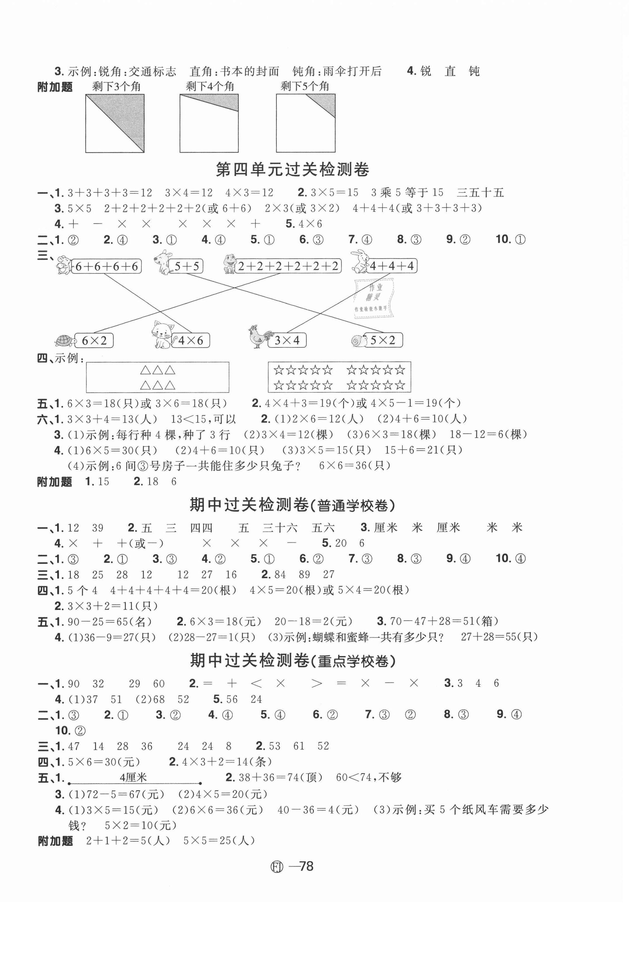 2020年陽光同學(xué)一線名師全優(yōu)好卷二年級數(shù)學(xué)上冊人教版福建專版 參考答案第2頁