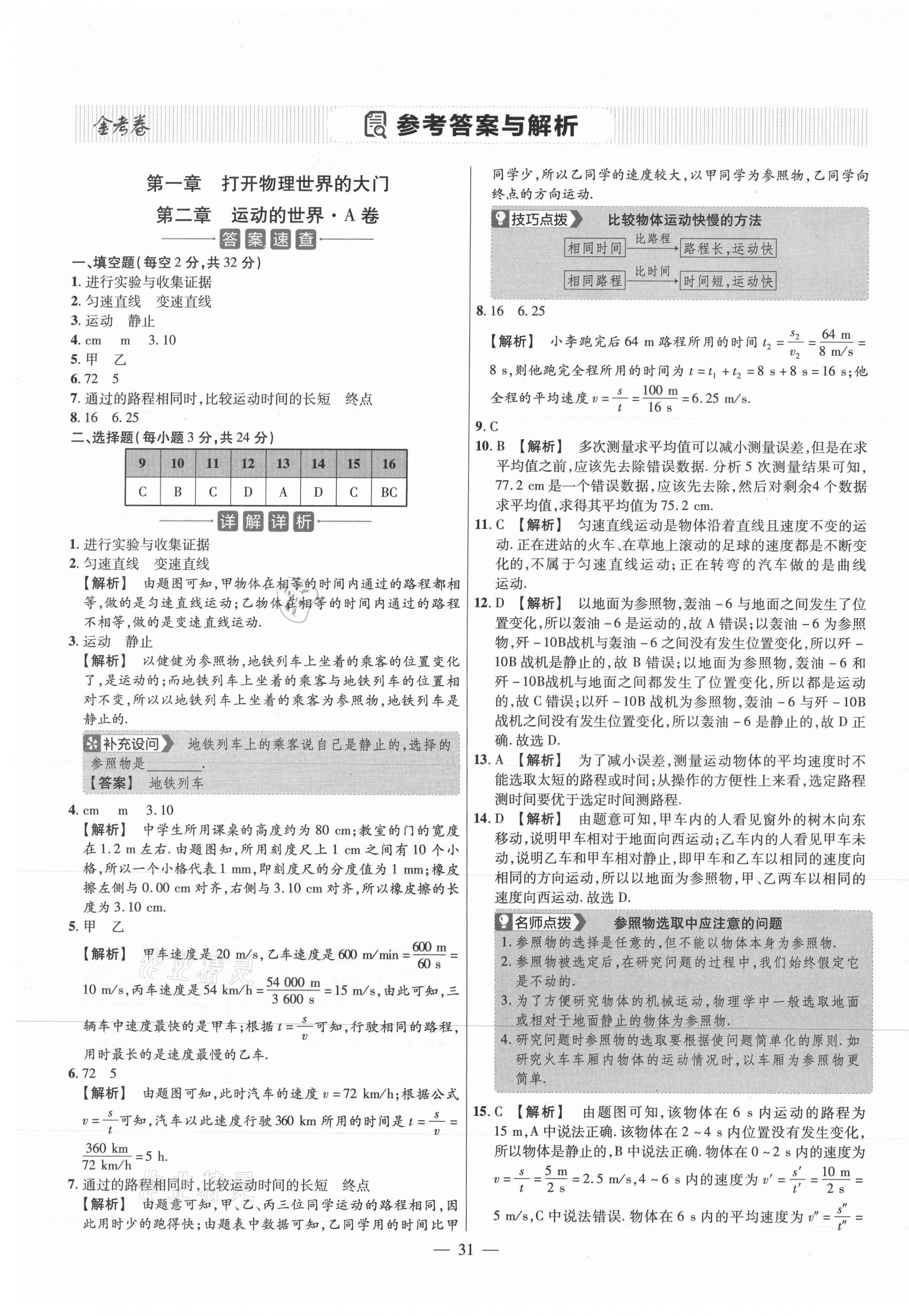 2020年金考卷活頁題選八年級物理上冊滬科版 參考答案第1頁