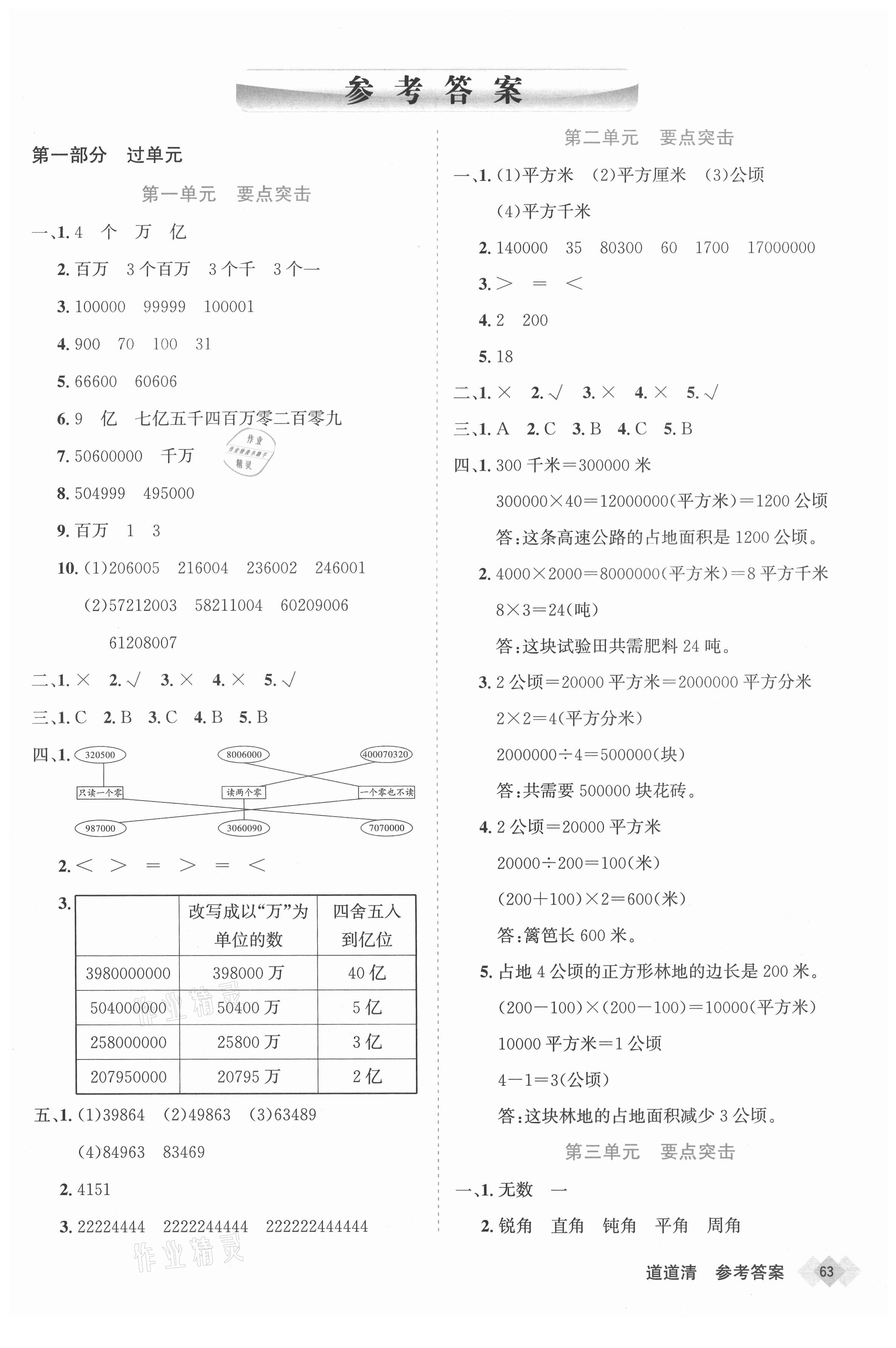2020年天天向上道道清學優期末100四年級數學上冊人教版新疆專版 參考答案第1頁