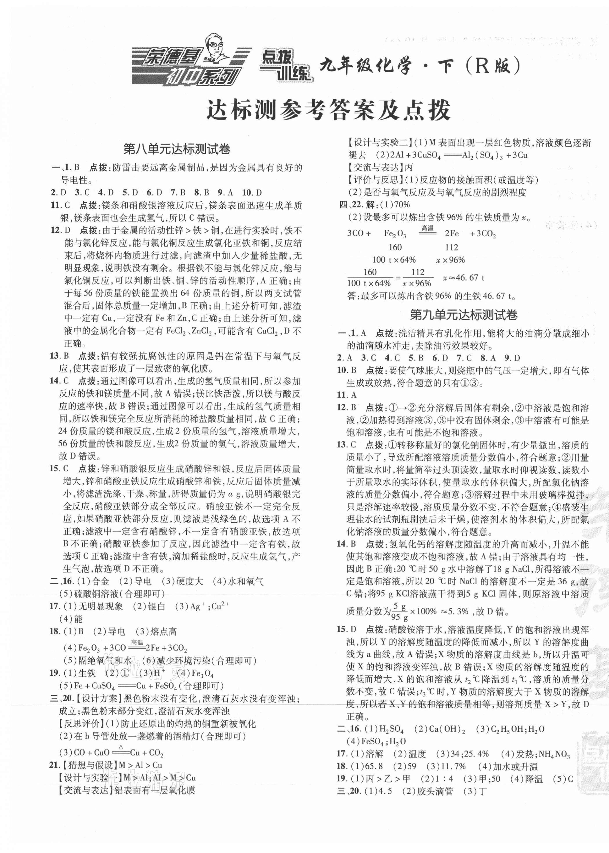 2021年點撥訓(xùn)練九年級化學(xué)下冊人教版 參考答案第1頁