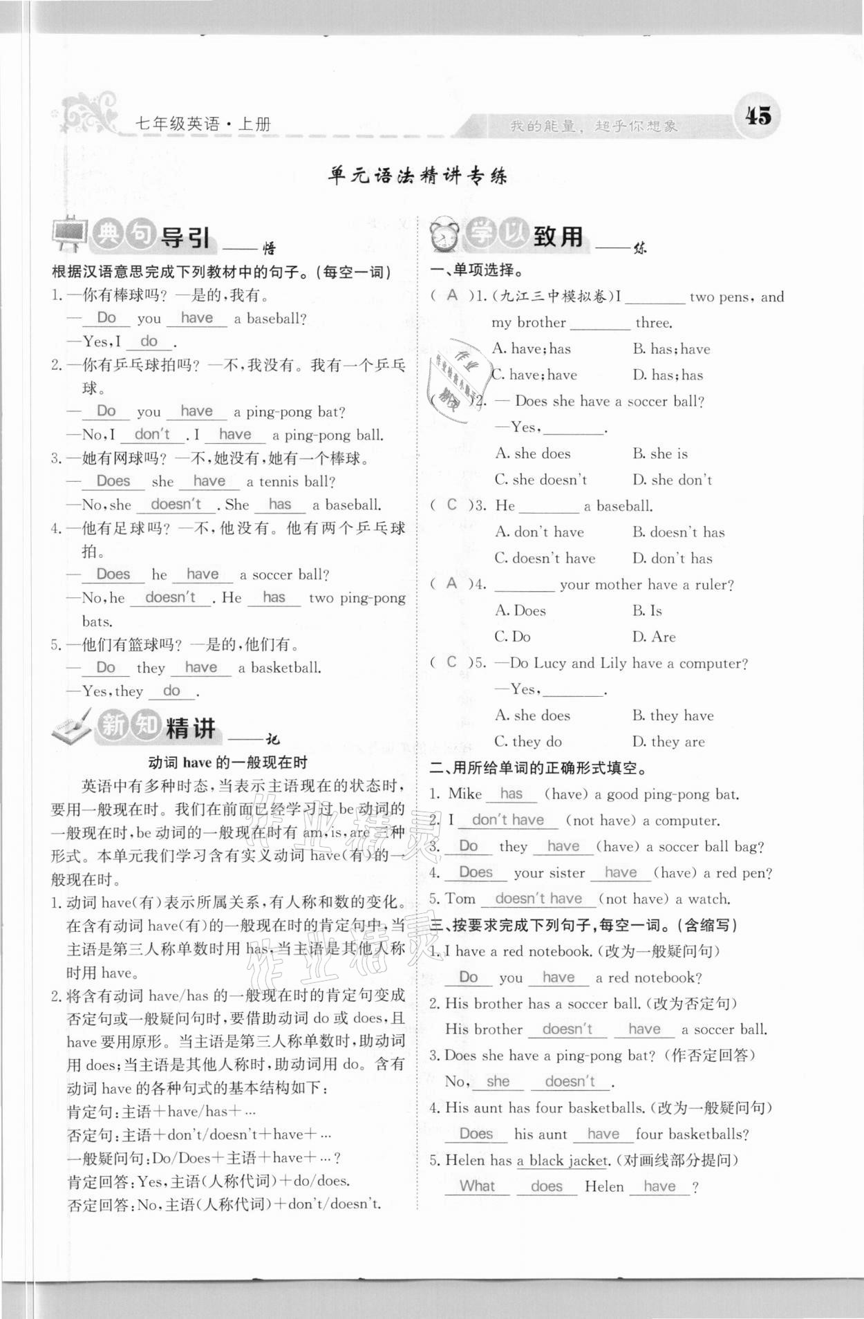 2020年課堂點睛七年級英語上冊人教版河北專版 參考答案第45頁