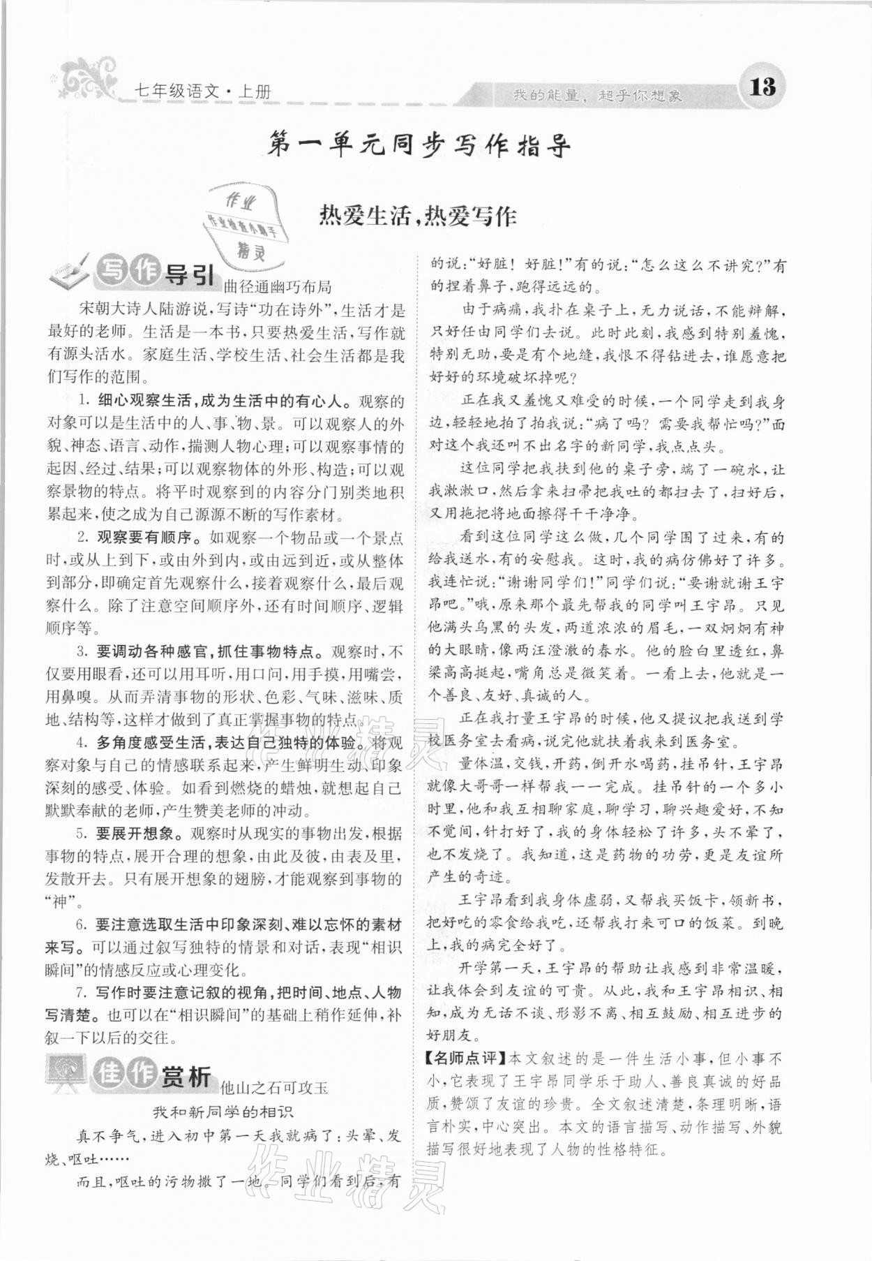 2020年課堂點睛七年級語文上冊人教版河北專版 參考答案第13頁