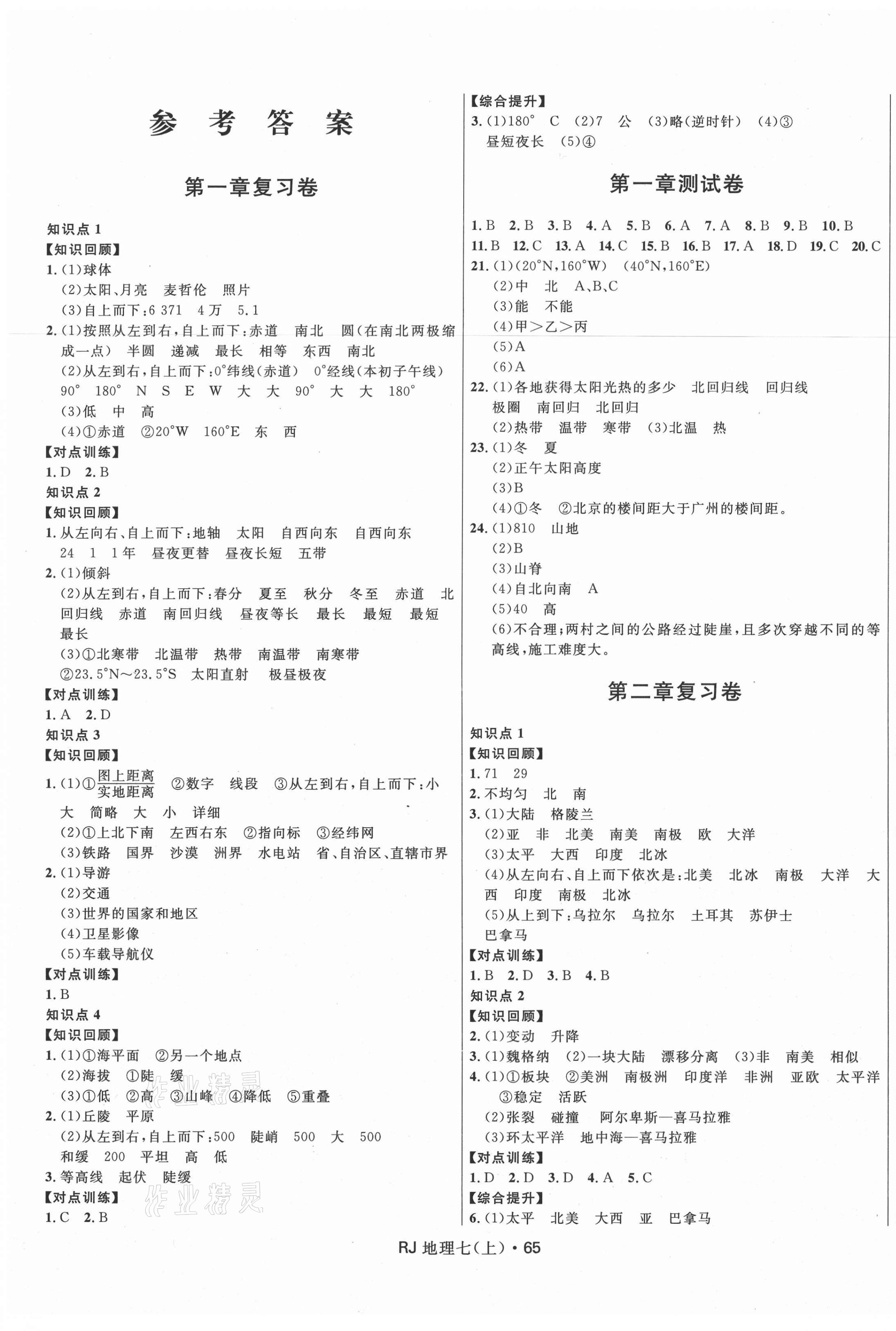 2020年夺冠百分百初中优化测试卷七年级地理上册人教版 参考答案第1页