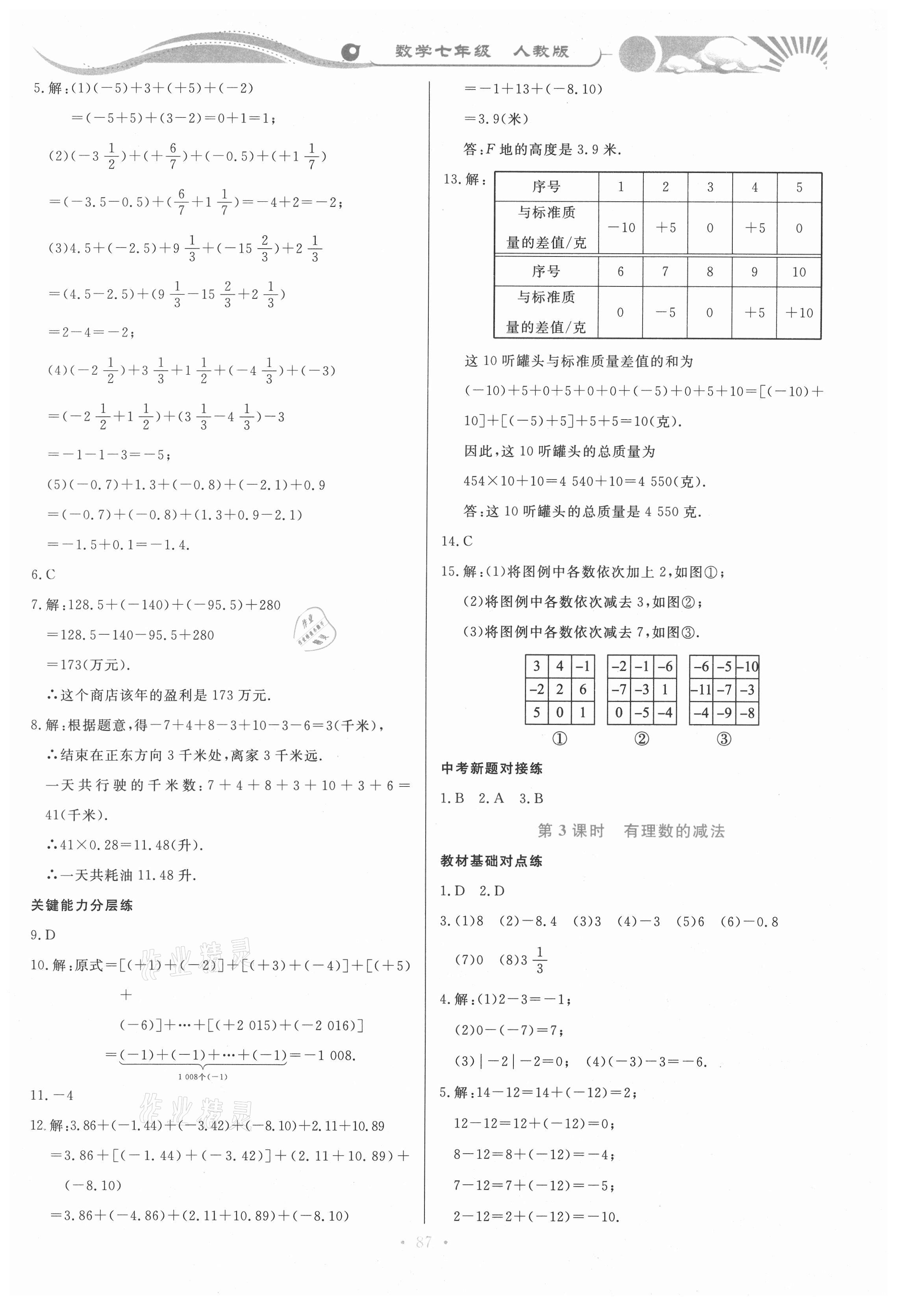 2020年学力水平同步检测与评估七年级数学上学期人教版 参考答案第4页