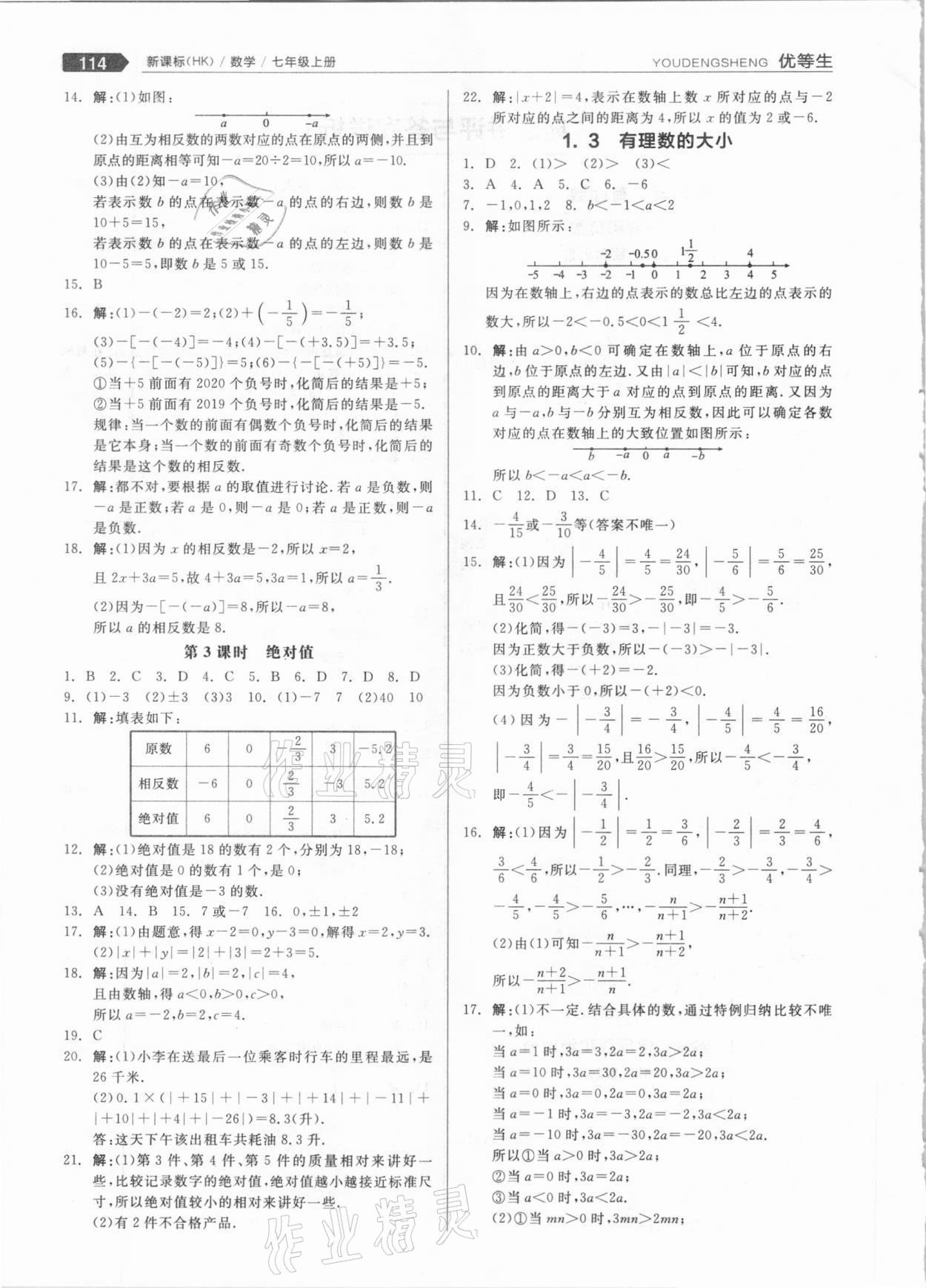 2020年全品优等生七年级数学上册沪科版 参考答案第2页