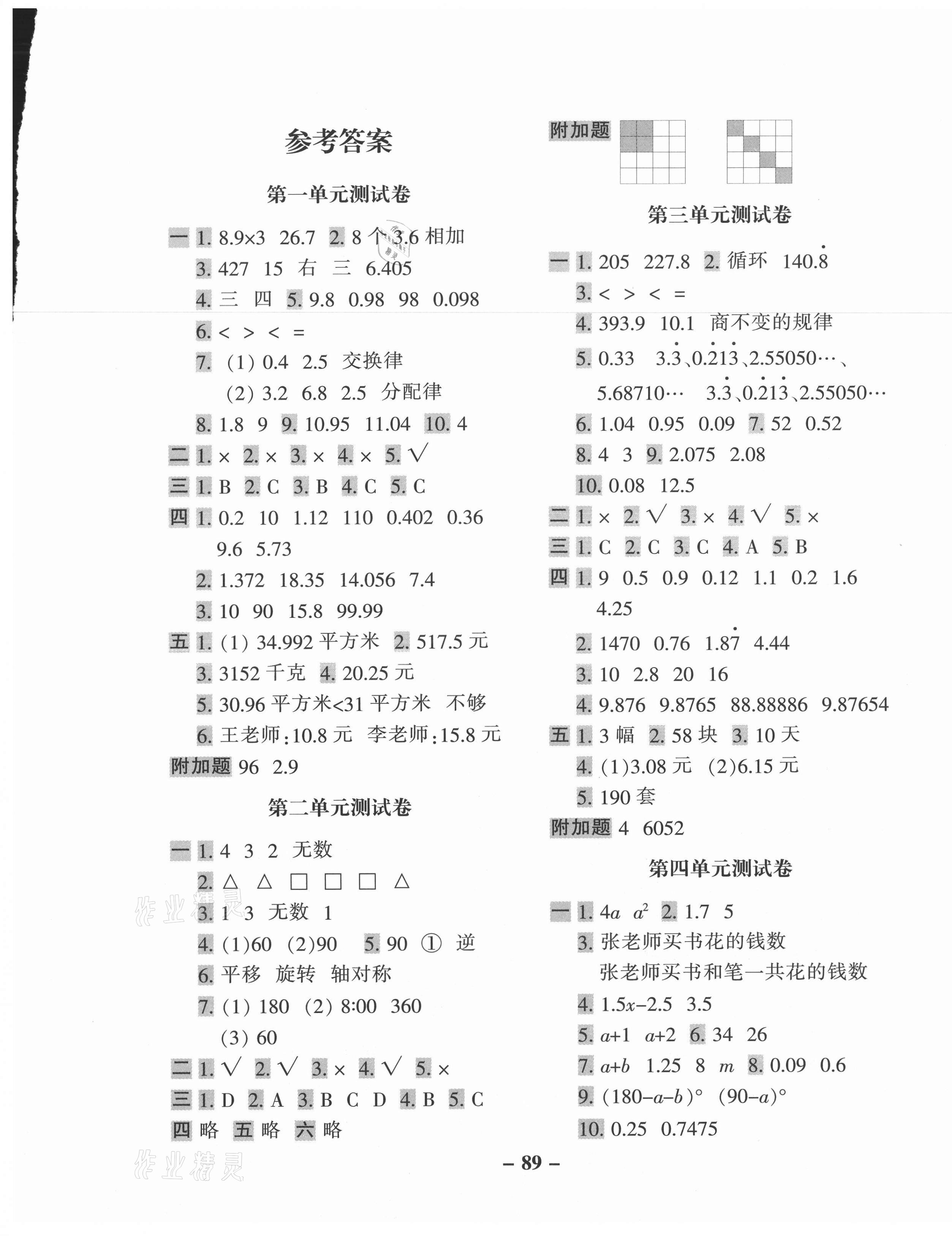 2020年期末闯关100分五年级数学上册青岛版六三学制 参考答案第1页