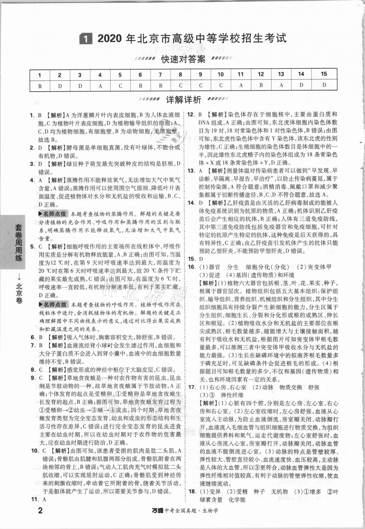 2021年萬唯中考全國真題生物學 參考答案第1頁