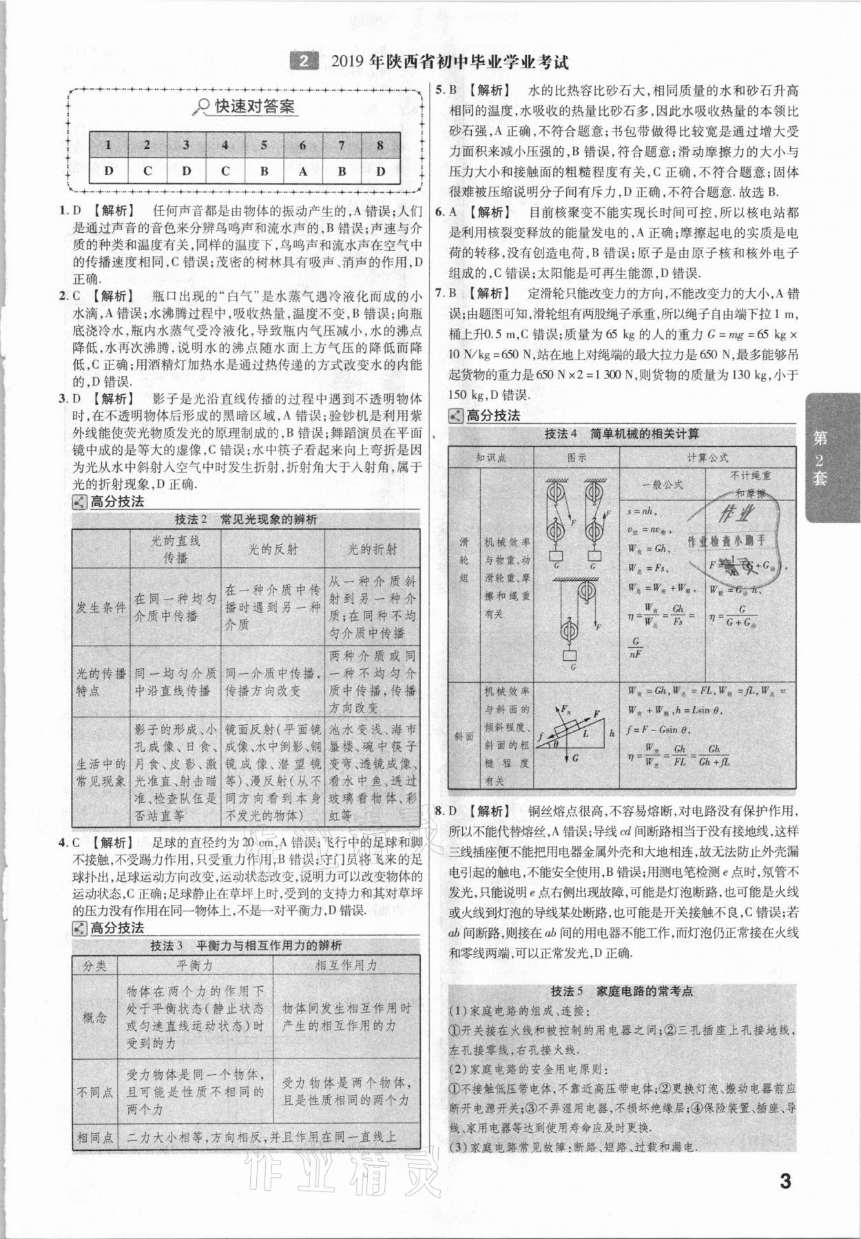 2021年金考卷陕西中考45套汇编物理 参考答案第3页