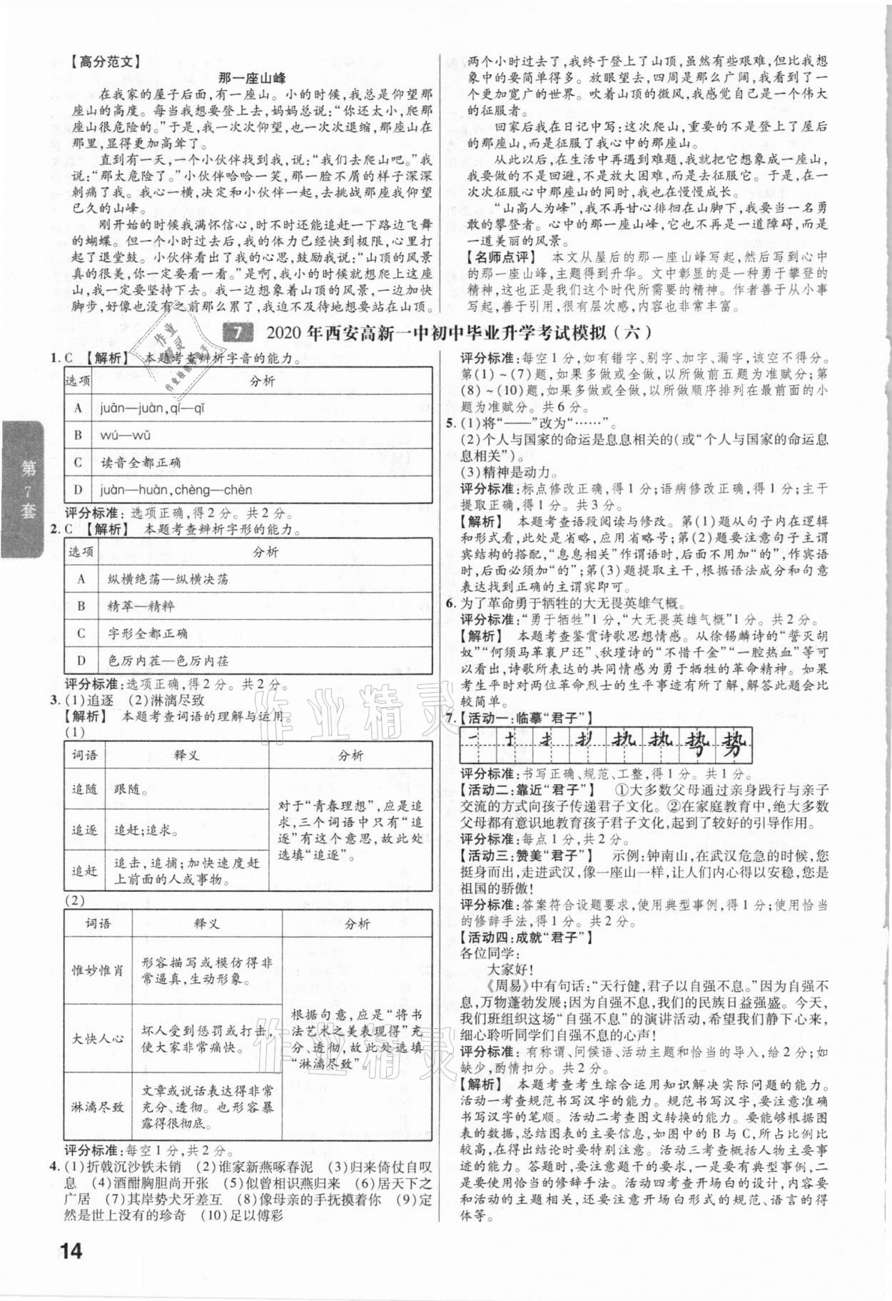 2021年金考卷陕西中考45套汇编语文 参考答案第14页