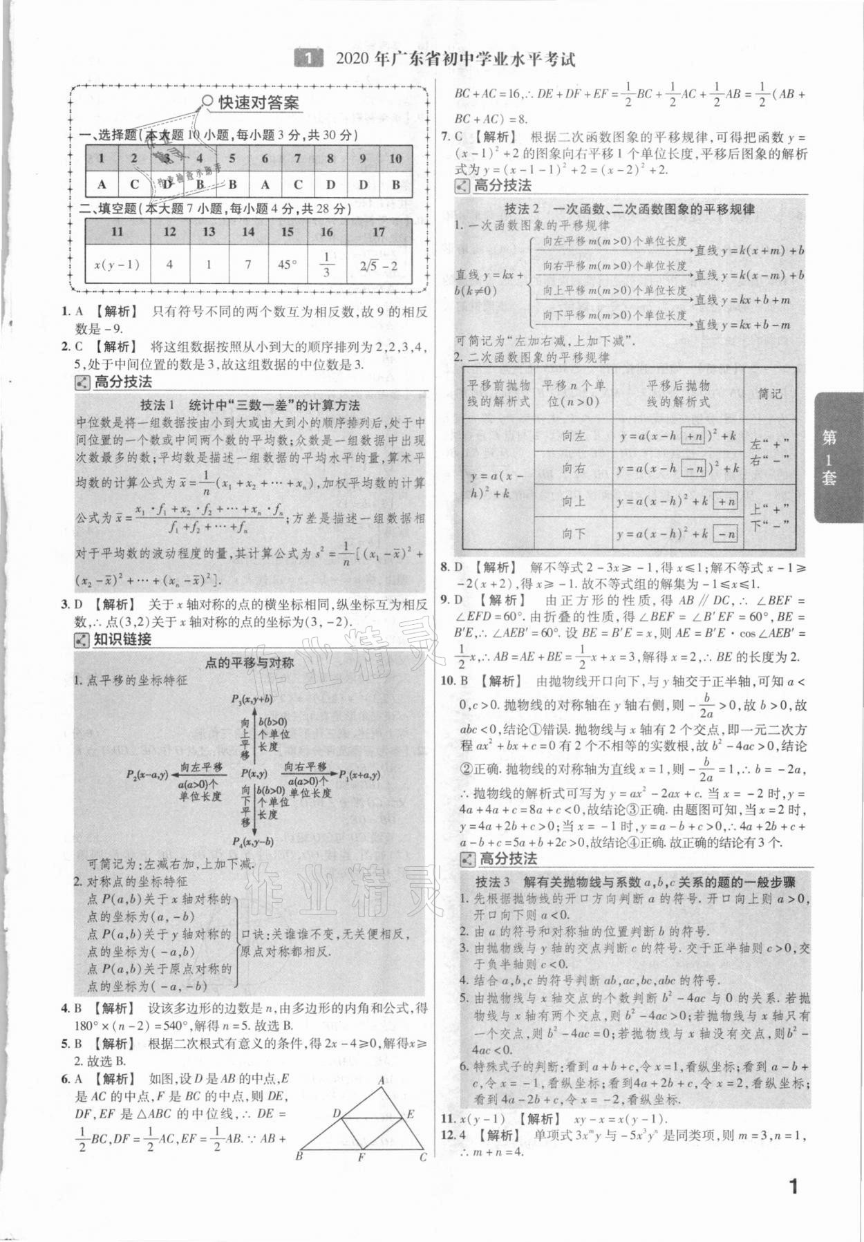 2021年金考卷廣東中考45套匯編數(shù)學 參考答案第1頁