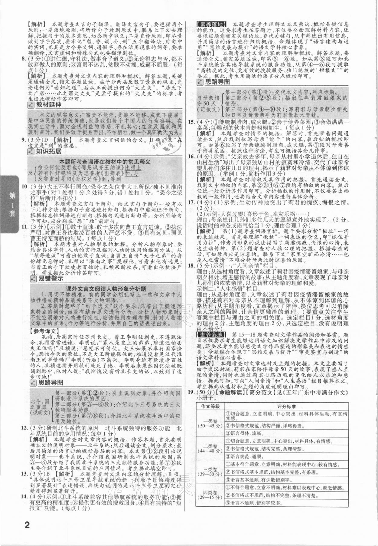 2021年金考卷廣東中考45套匯編語文 參考答案第2頁