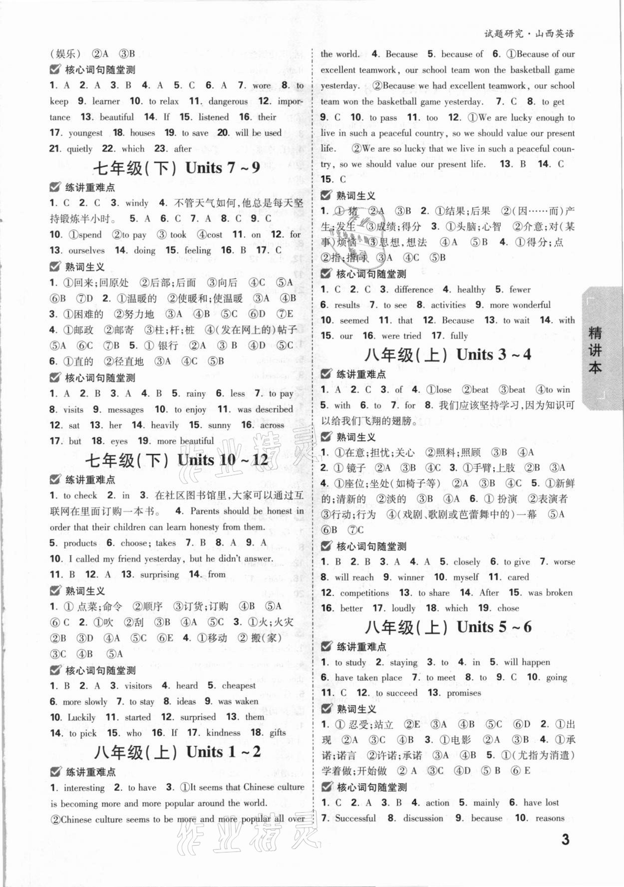 2021年萬唯中考試題研究英語山西專版 參考答案第2頁