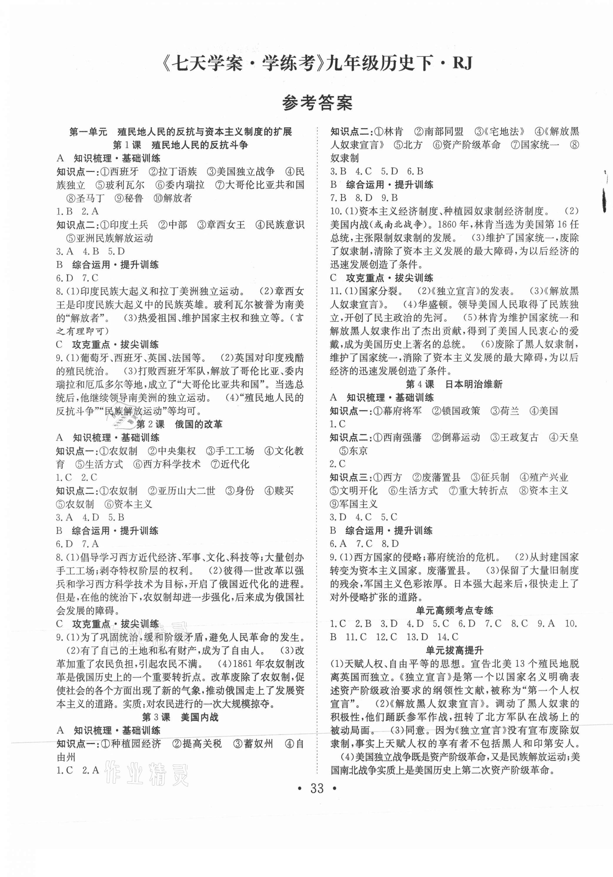 2021年七天学案学练考九年级历史下册人教版 第1页