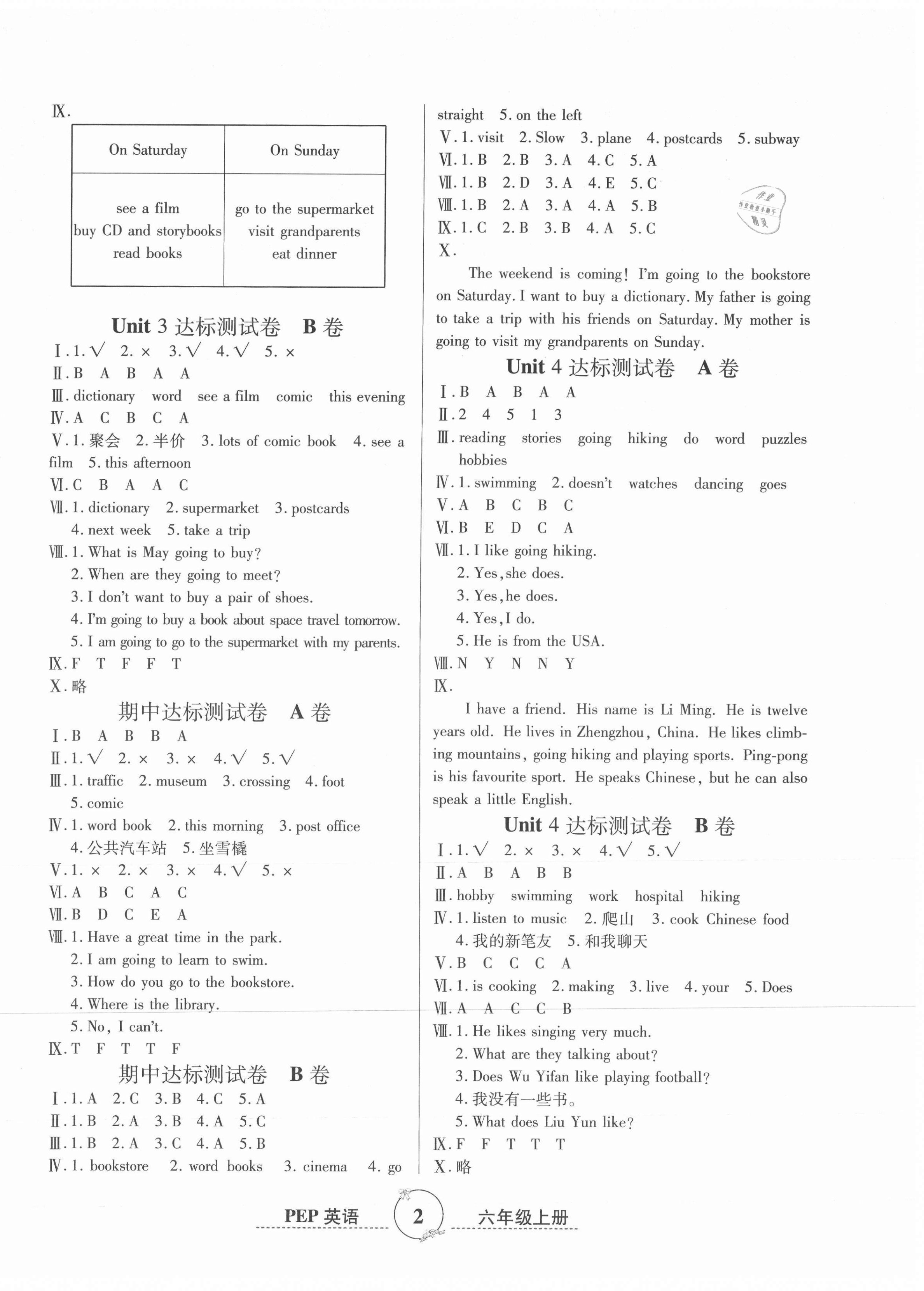 2020年黃岡單元測試卷六年級(jí)英語上冊人教PEP版 參考答案第2頁