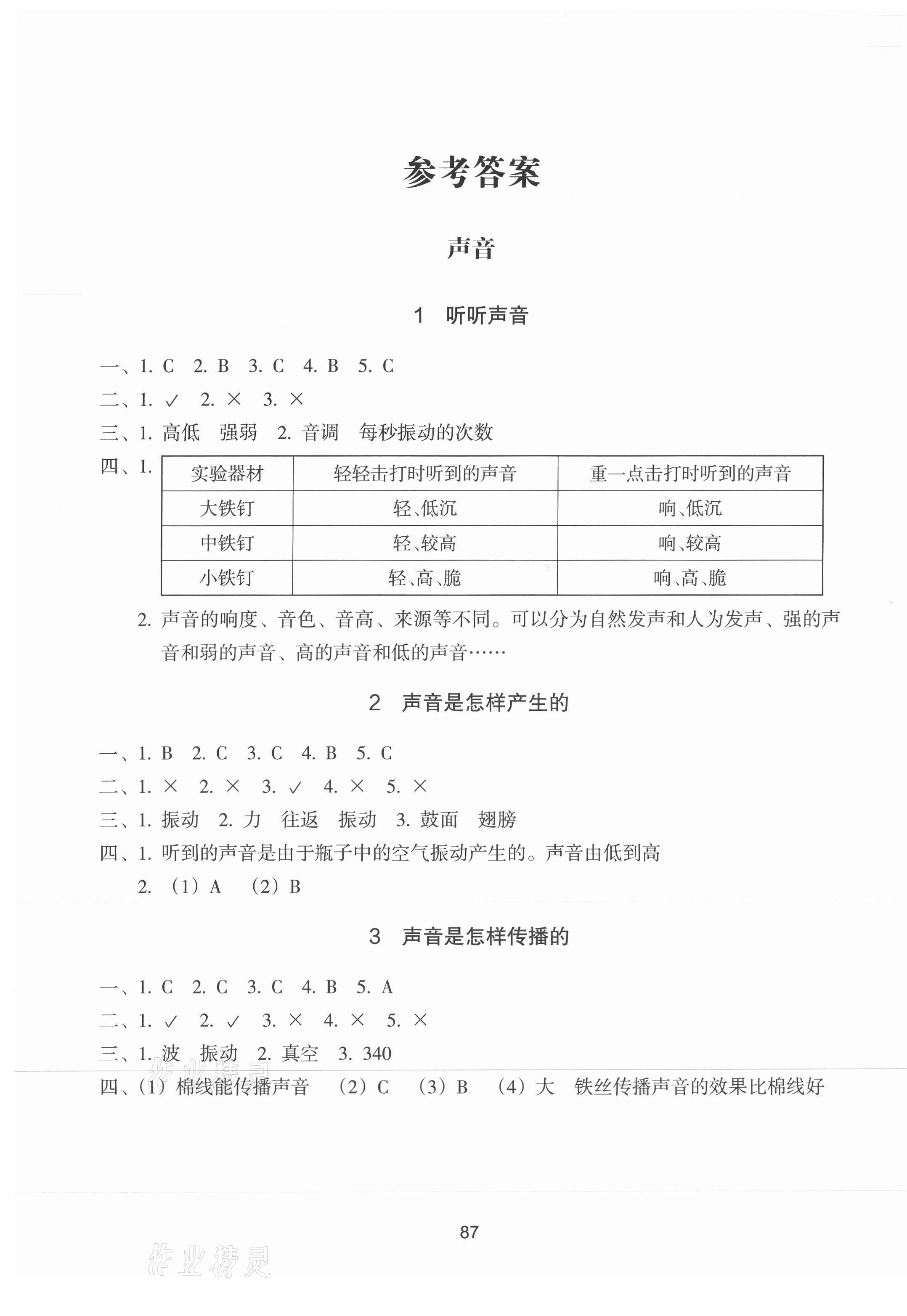 2020年課時加單元加期末特訓小學科學四年級上冊教科版 參考答案第1頁