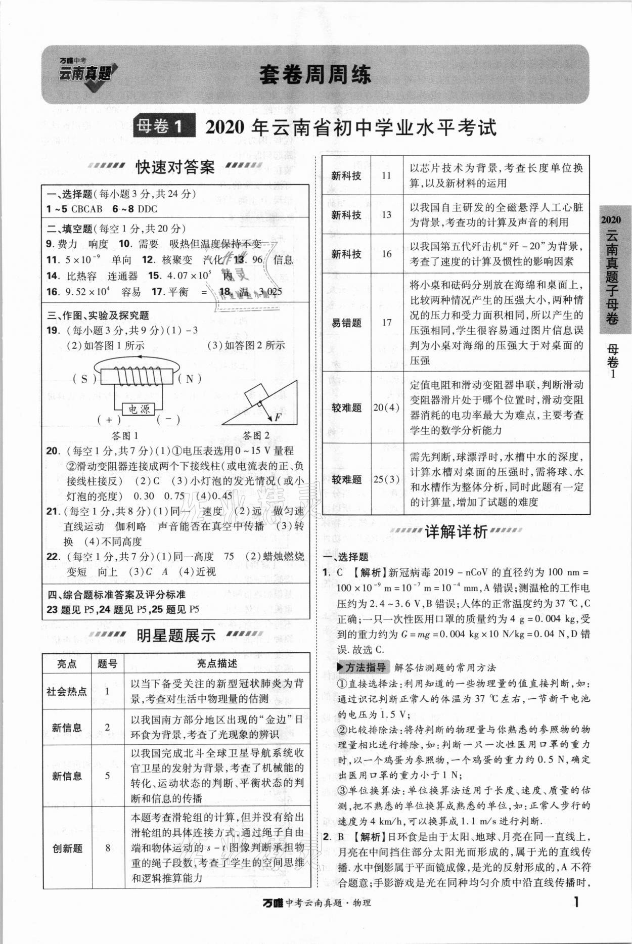 2021年萬唯中考云南真題物理 參考答案第1頁