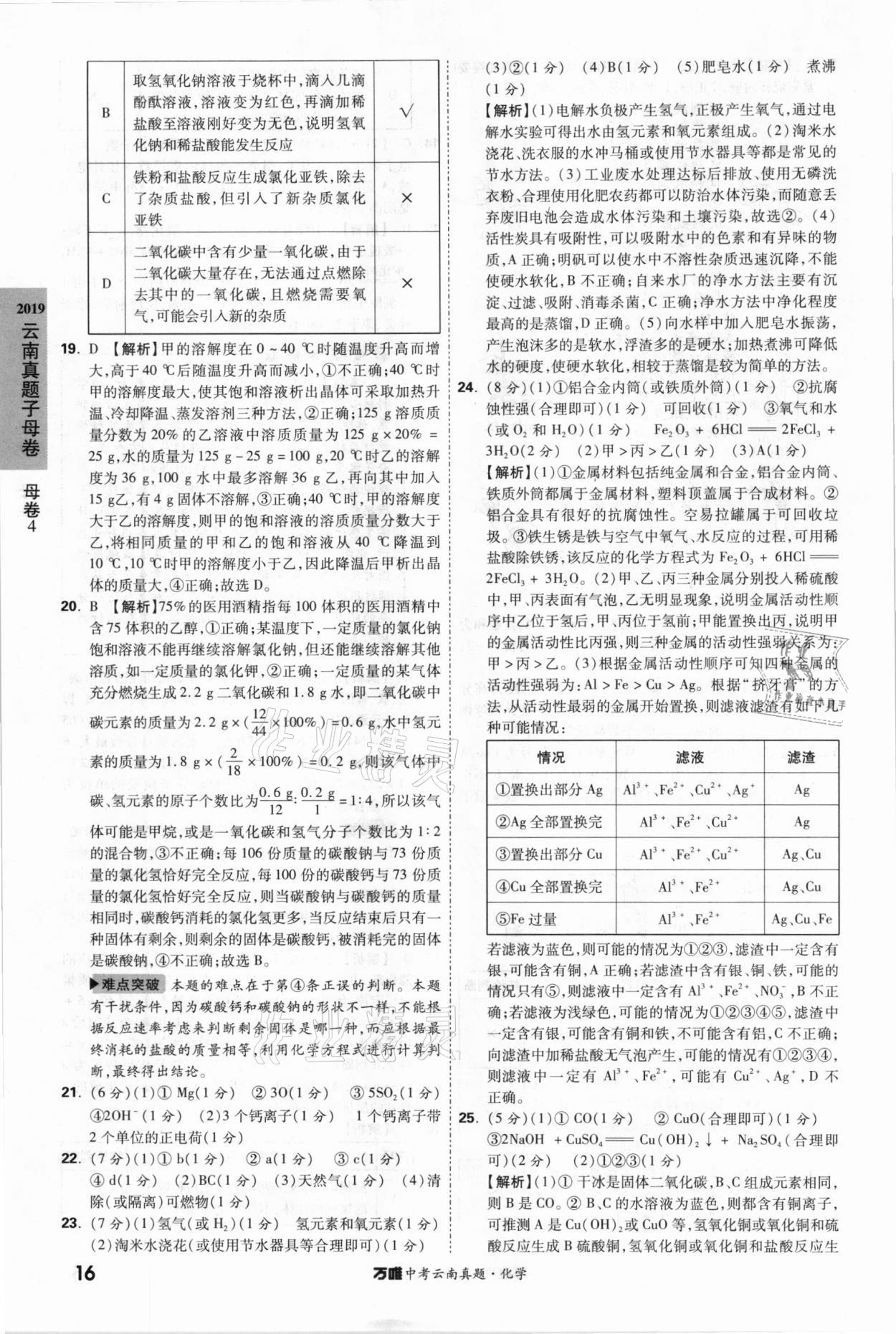 2021年萬唯中考云南真題化學 參考答案第16頁