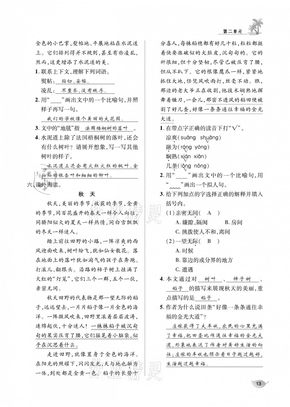 2020年合力語文金題精練三年級(jí)語文上冊(cè)人教版 參考答案第12頁