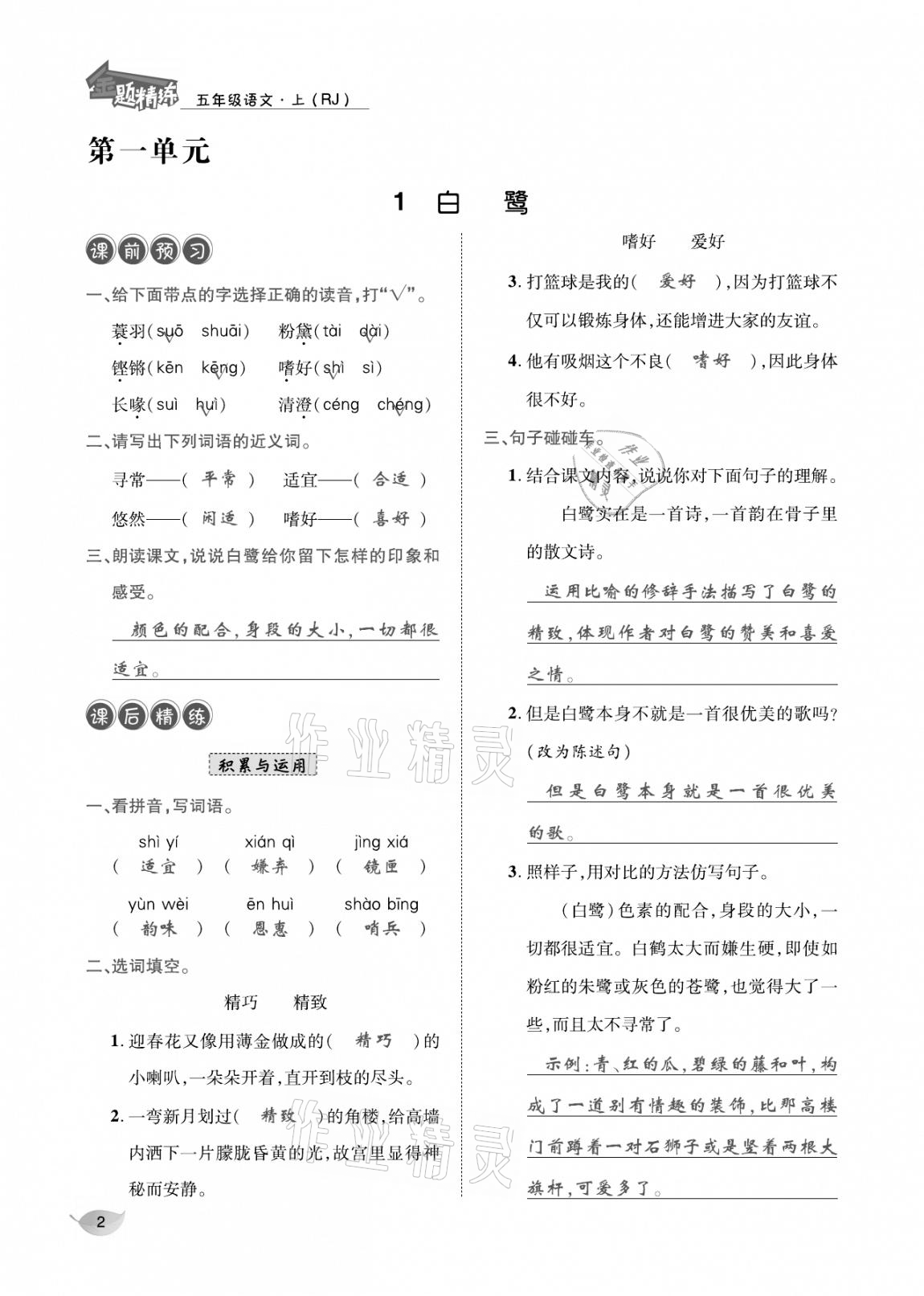 2020年合力語文金題精練五年級語文上冊人教版 參考答案第1頁