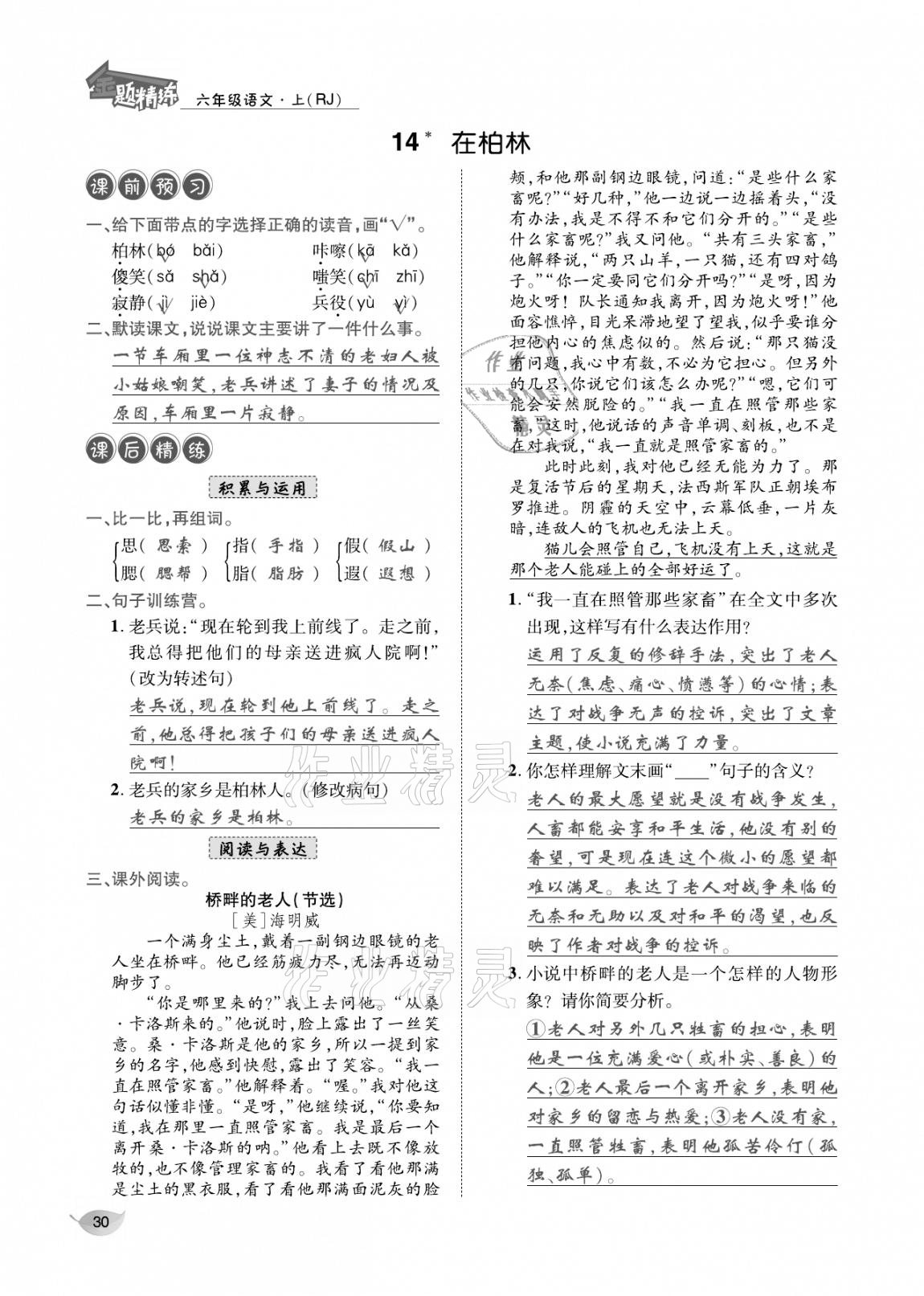 2020年合力語文金題精練六年級語文上冊人教版 參考答案第29頁