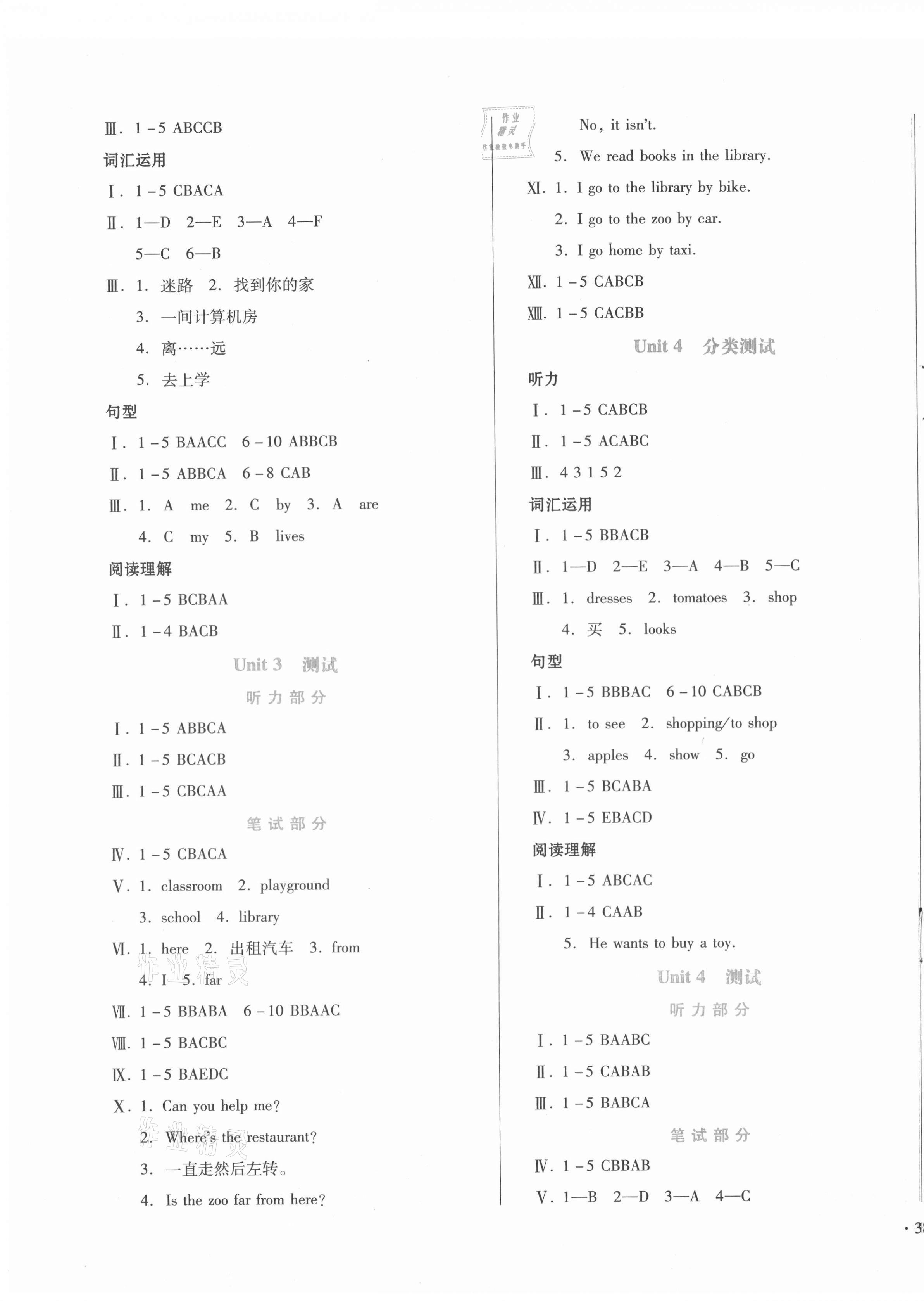 2020年中育1號金卷分類測試卷四年級英語上冊冀教版三起 參考答案第3頁