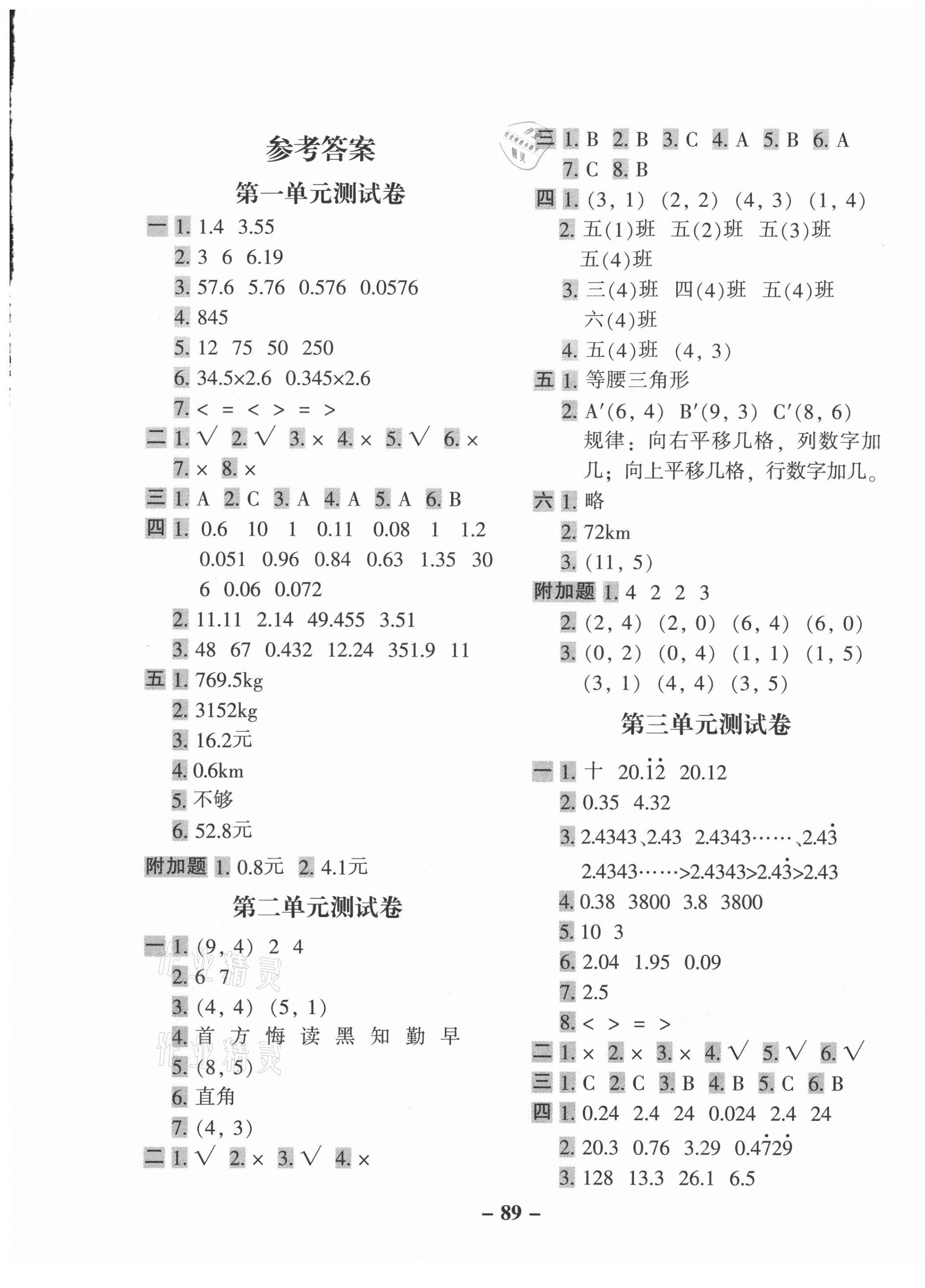 2020年期末闯关100分五年级数学上册人教版 第1页