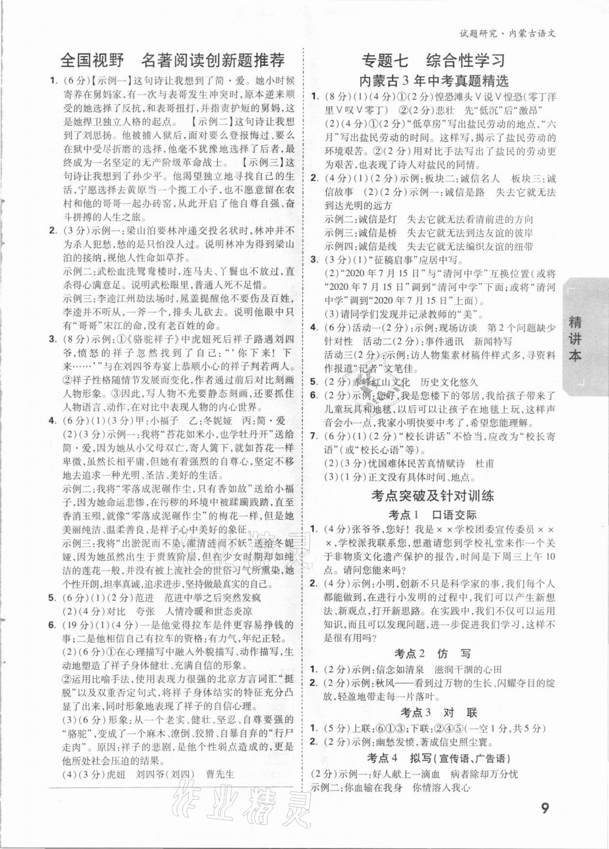 2021年万唯中考试题研究语文内蒙古专版 参考答案第8页