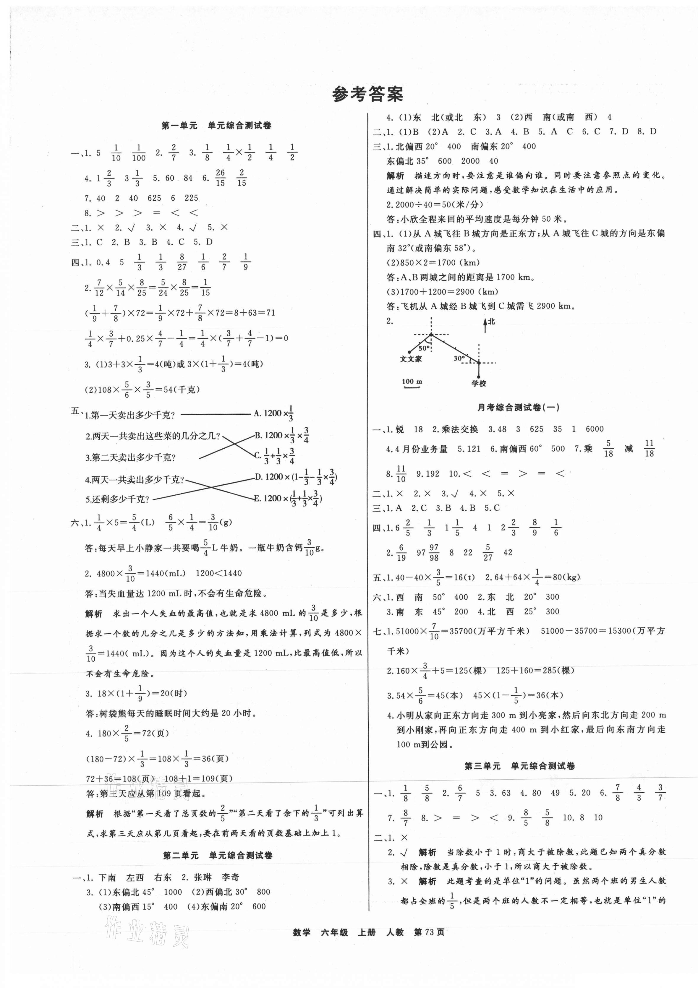 2020年全优考评一卷通六年级数学上册人教版 参考答案第1页