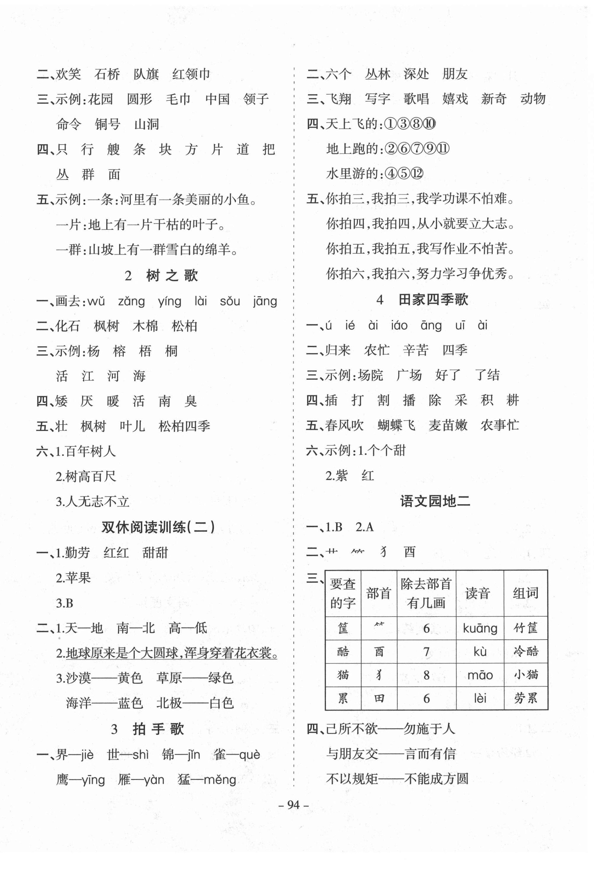 2020年学霸训练二年级语文上册人教版 参考答案第2页