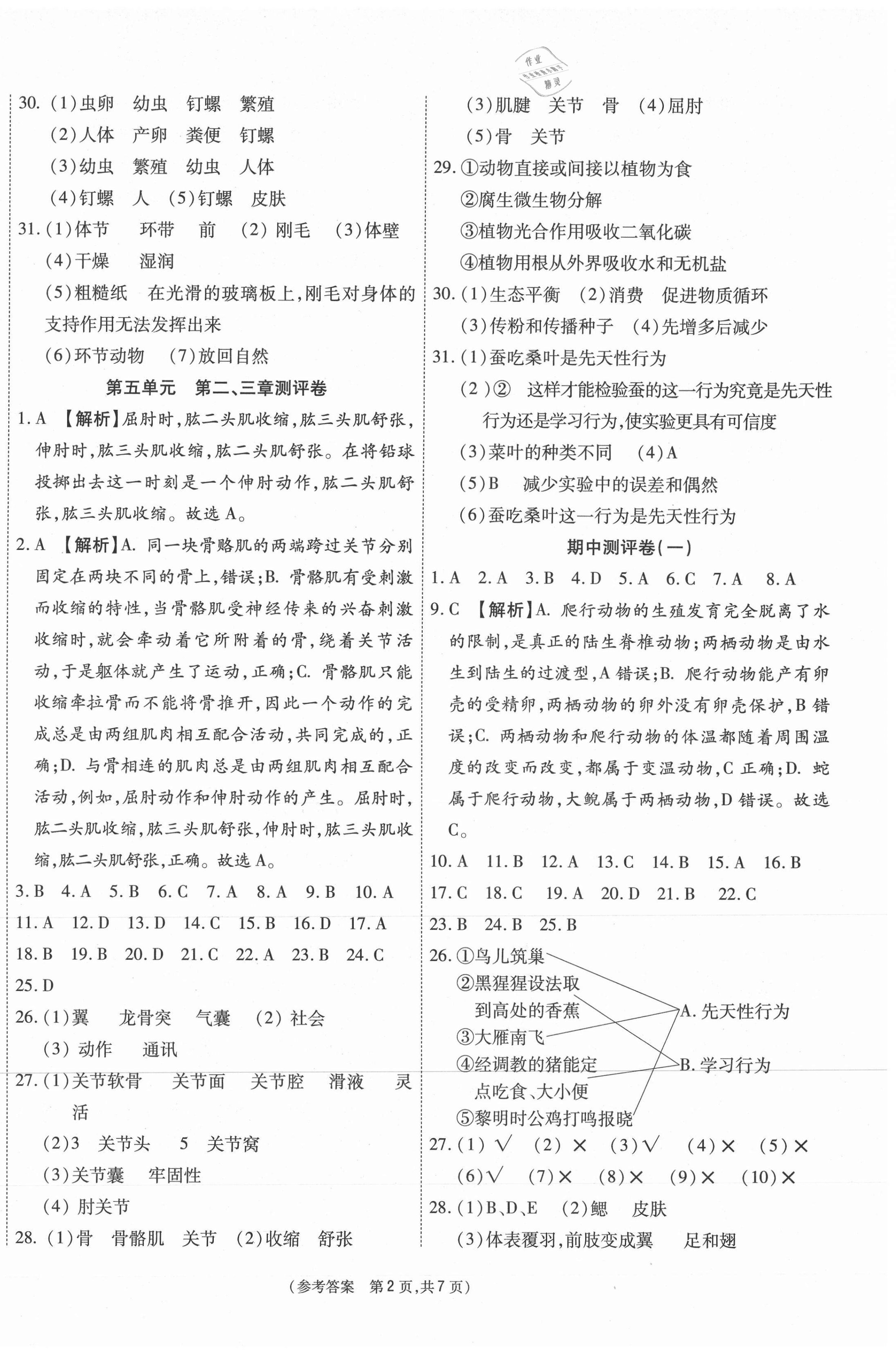 2020年智能優選卷八年級生物上冊人教版 參考答案第2頁