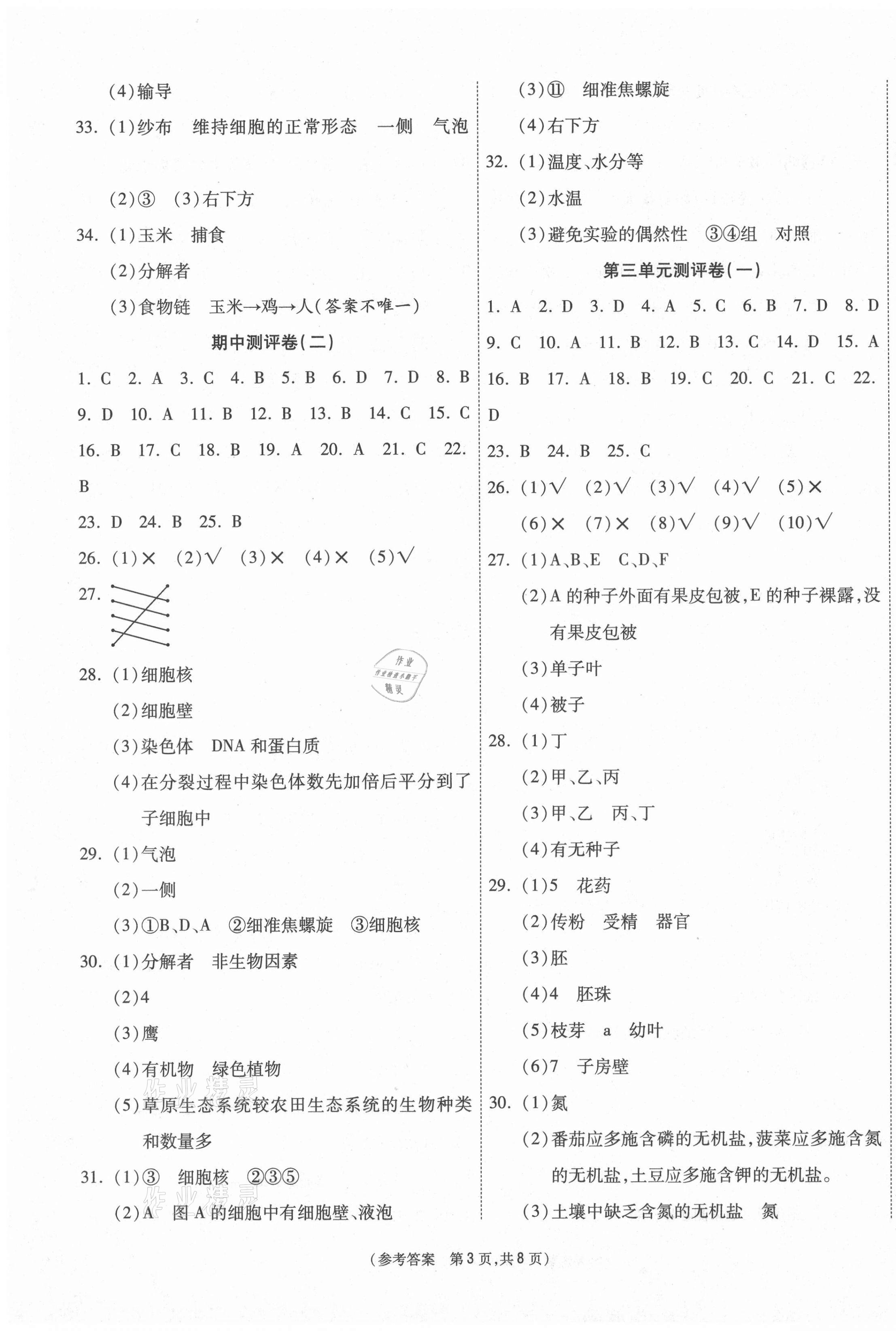 2020年智能優(yōu)選卷七年級生物上冊人教版 參考答案第3頁