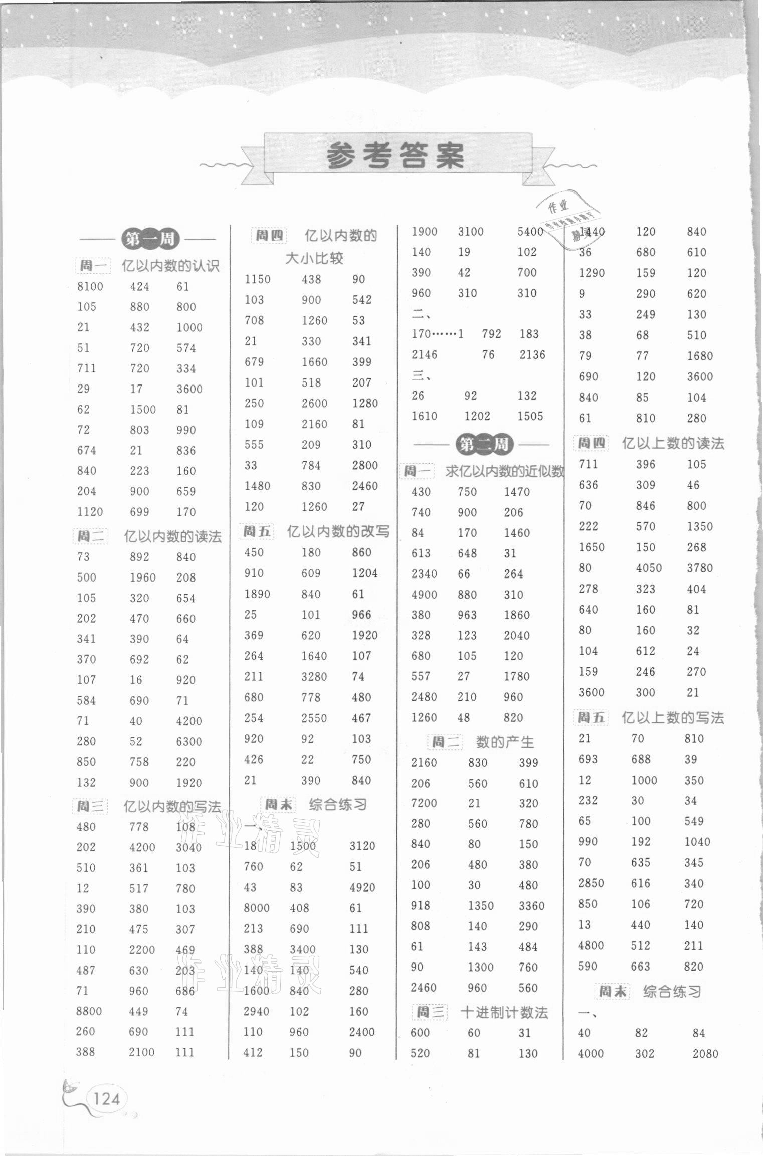 2020年黃岡口算天天練四年級數(shù)學上冊人教版 參考答案第1頁