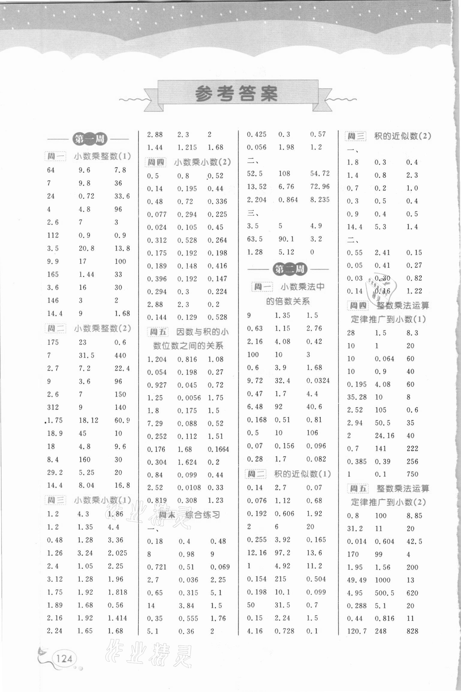 2020年黃岡口算天天練五年級數學上冊人教版 參考答案第1頁