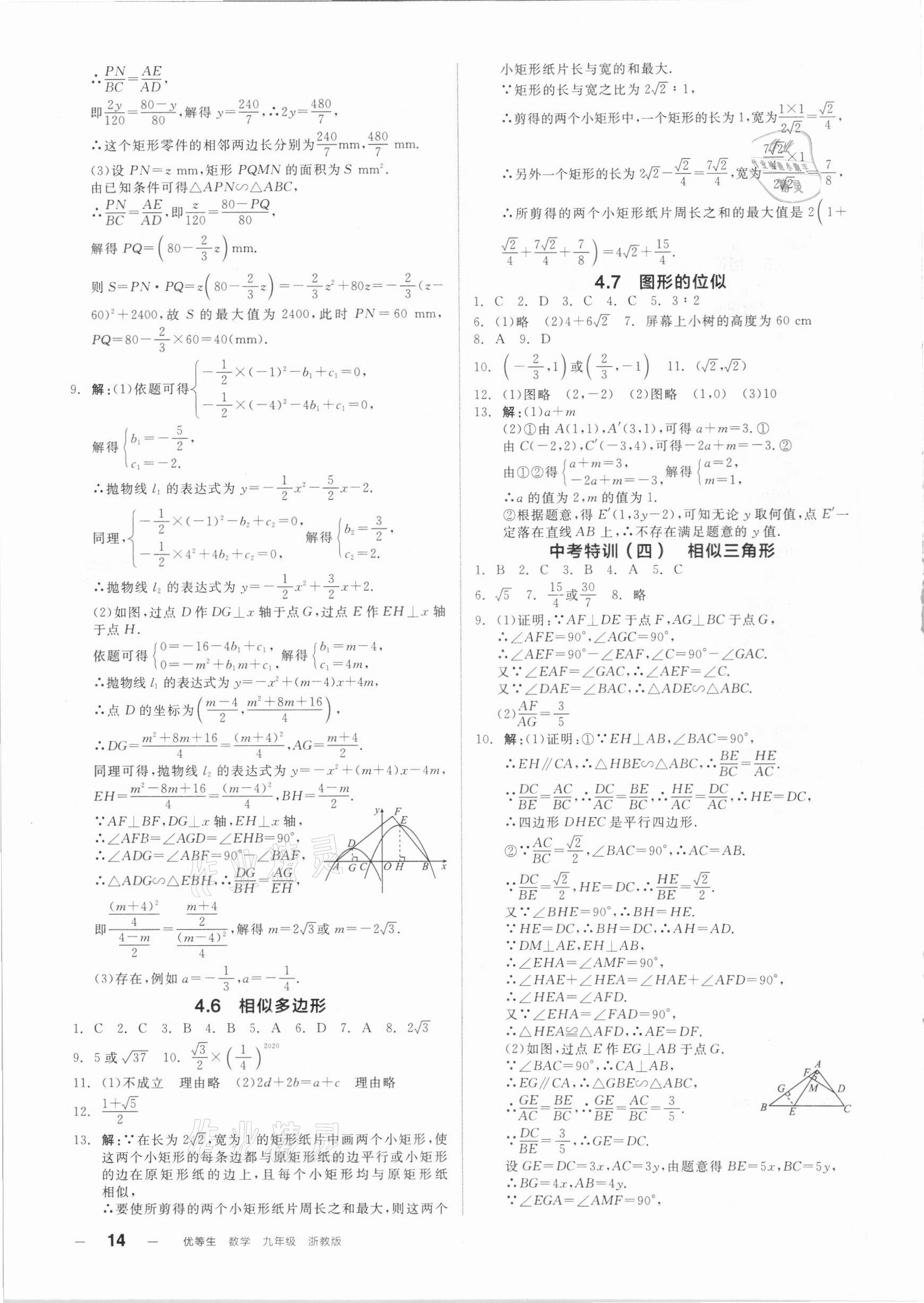 2020年全品优等生同步作业加自主招生九年级数学全一册浙教版 参考答案第14页