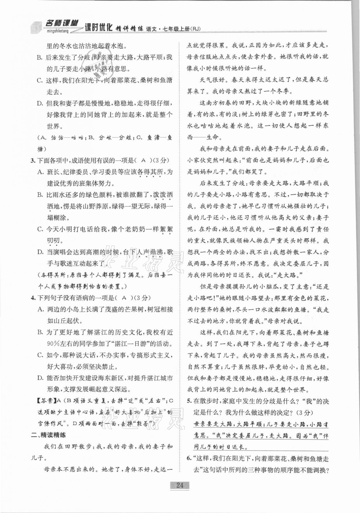 2020年名師課堂課時(shí)優(yōu)化精講精練七年級(jí)語文上冊(cè)人教版 第24頁(yè)