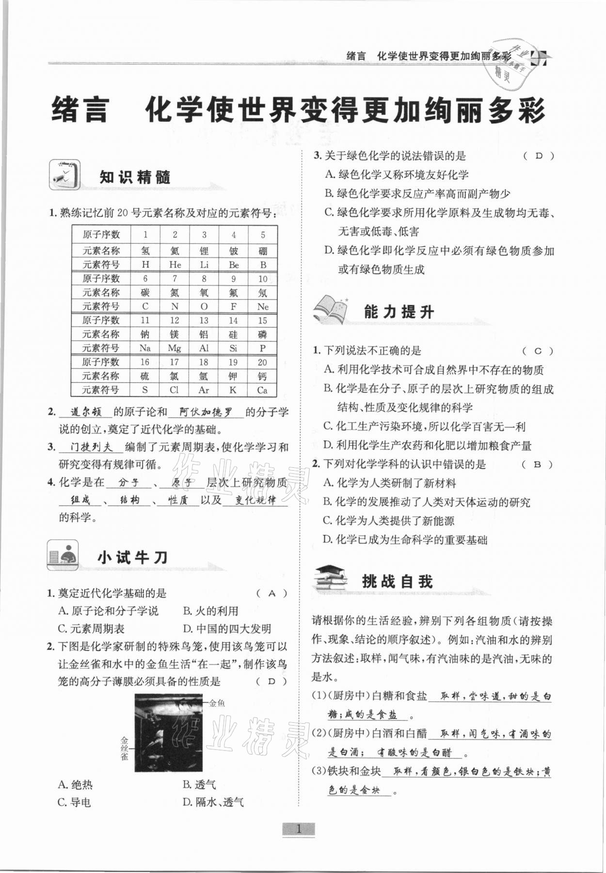 2020年名師課堂課時優(yōu)化精講精練九年級化學上冊人教版 第1頁