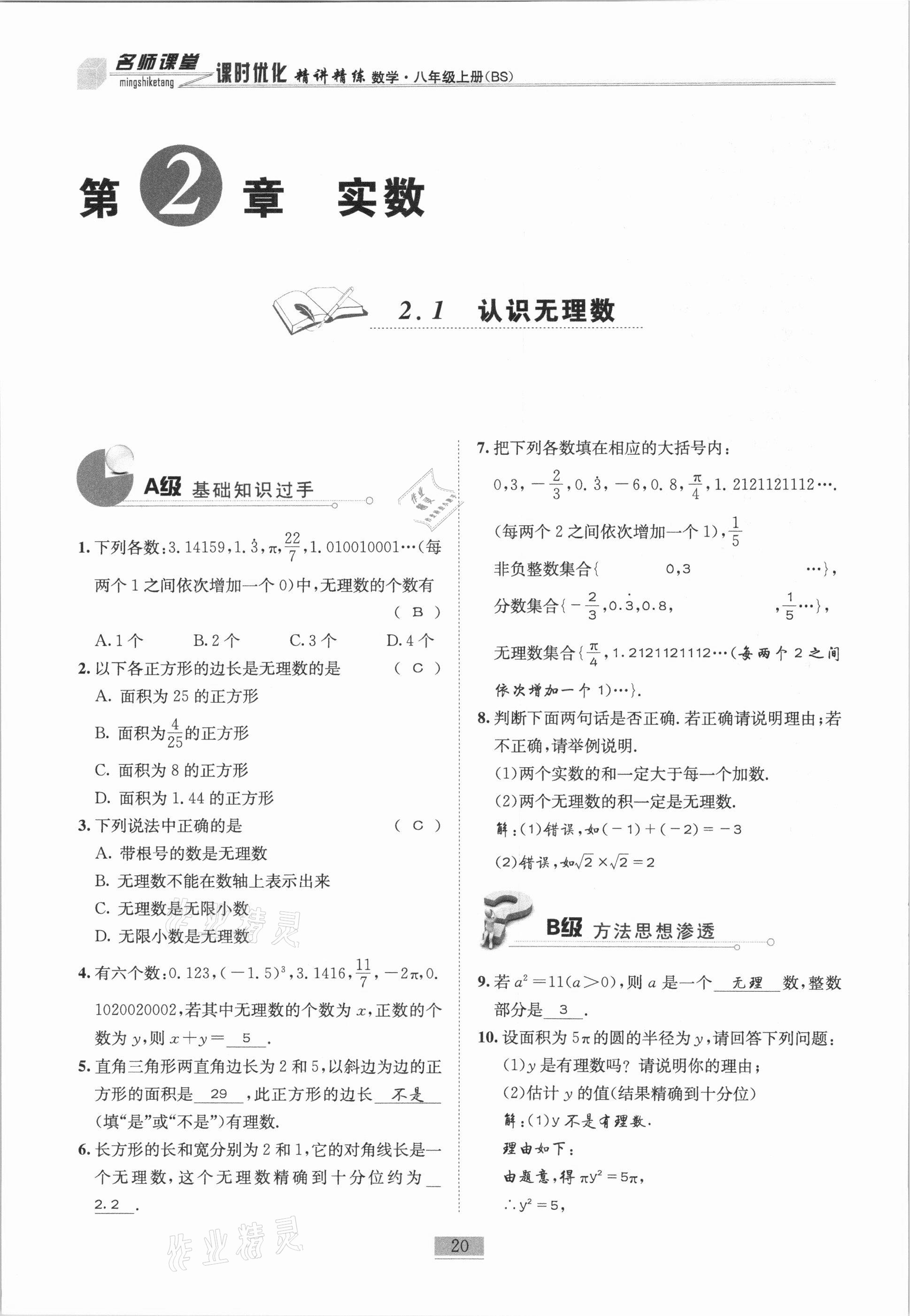 2020年名師課堂課時優(yōu)化精講精練八年級數(shù)學上冊北師大版 參考答案第20頁