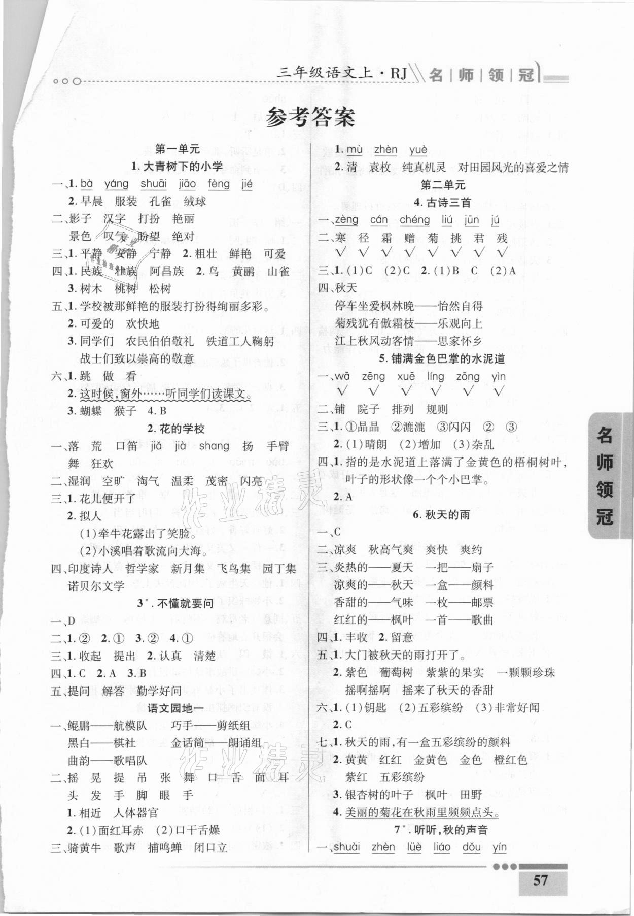 2020年名師領(lǐng)冠課時(shí)通關(guān)三年級(jí)語(yǔ)文上冊(cè)人教版 參考答案第1頁(yè)