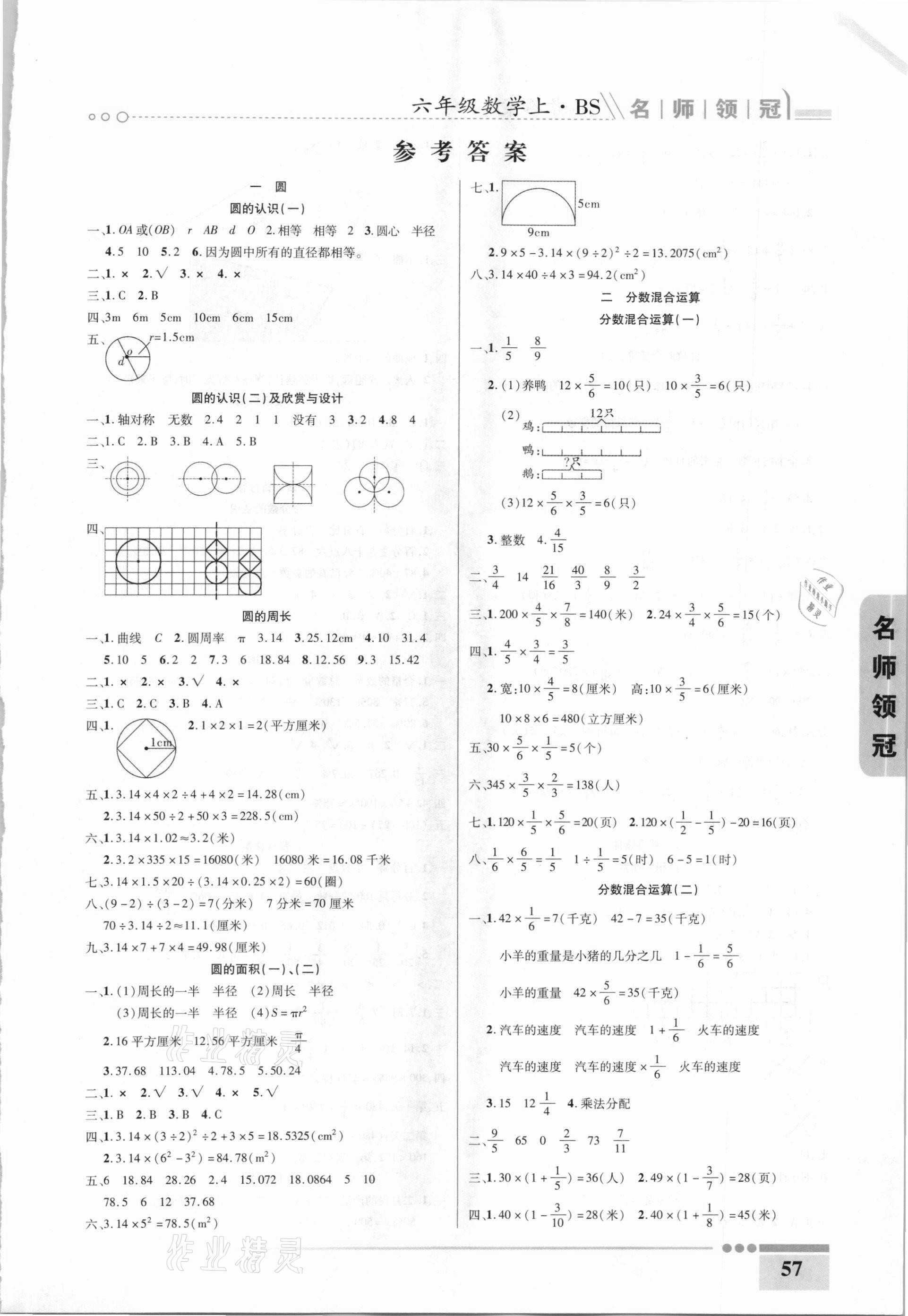 2020年名師領(lǐng)冠課時(shí)通關(guān)六年級(jí)數(shù)學(xué)上冊(cè)北師大版 參考答案第1頁(yè)