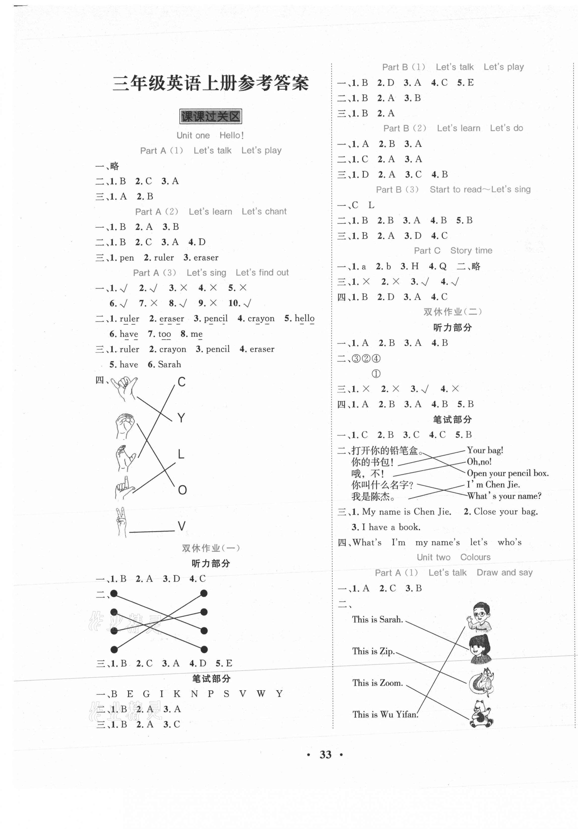 2020年名題1加1三年級(jí)英語上冊(cè)人教PEP版 參考答案第1頁