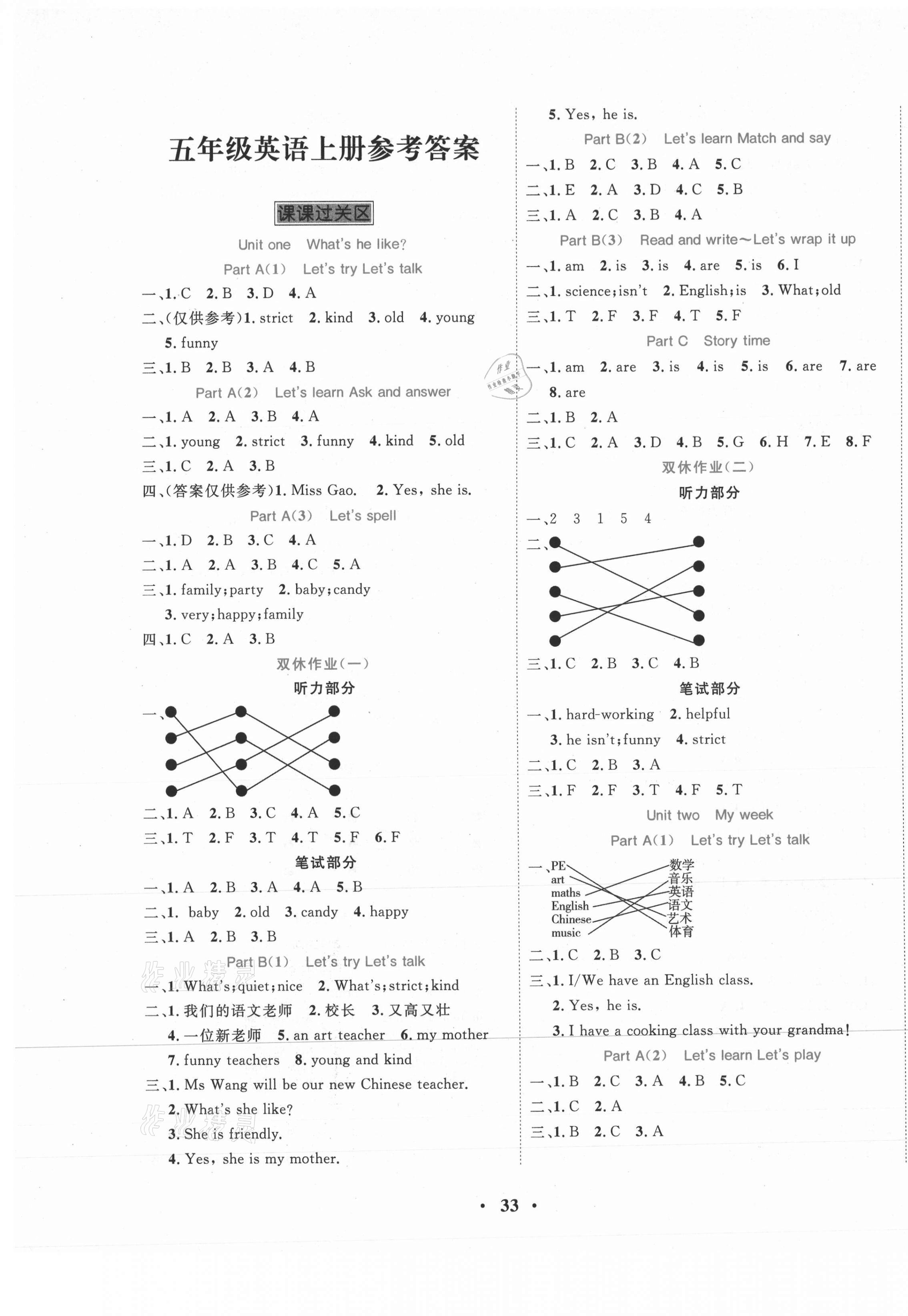 2020年名題1加1五年級英語上冊人教PEP版 參考答案第1頁