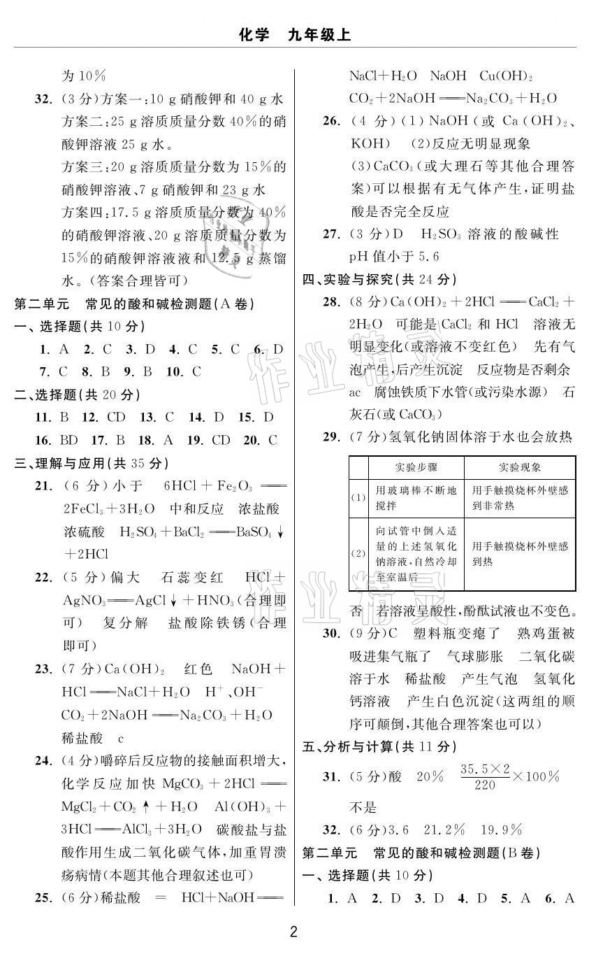 2020年伴你學習新課程單元過關練習九年級化學上冊魯教版54制煙臺專版 參考答案第2頁