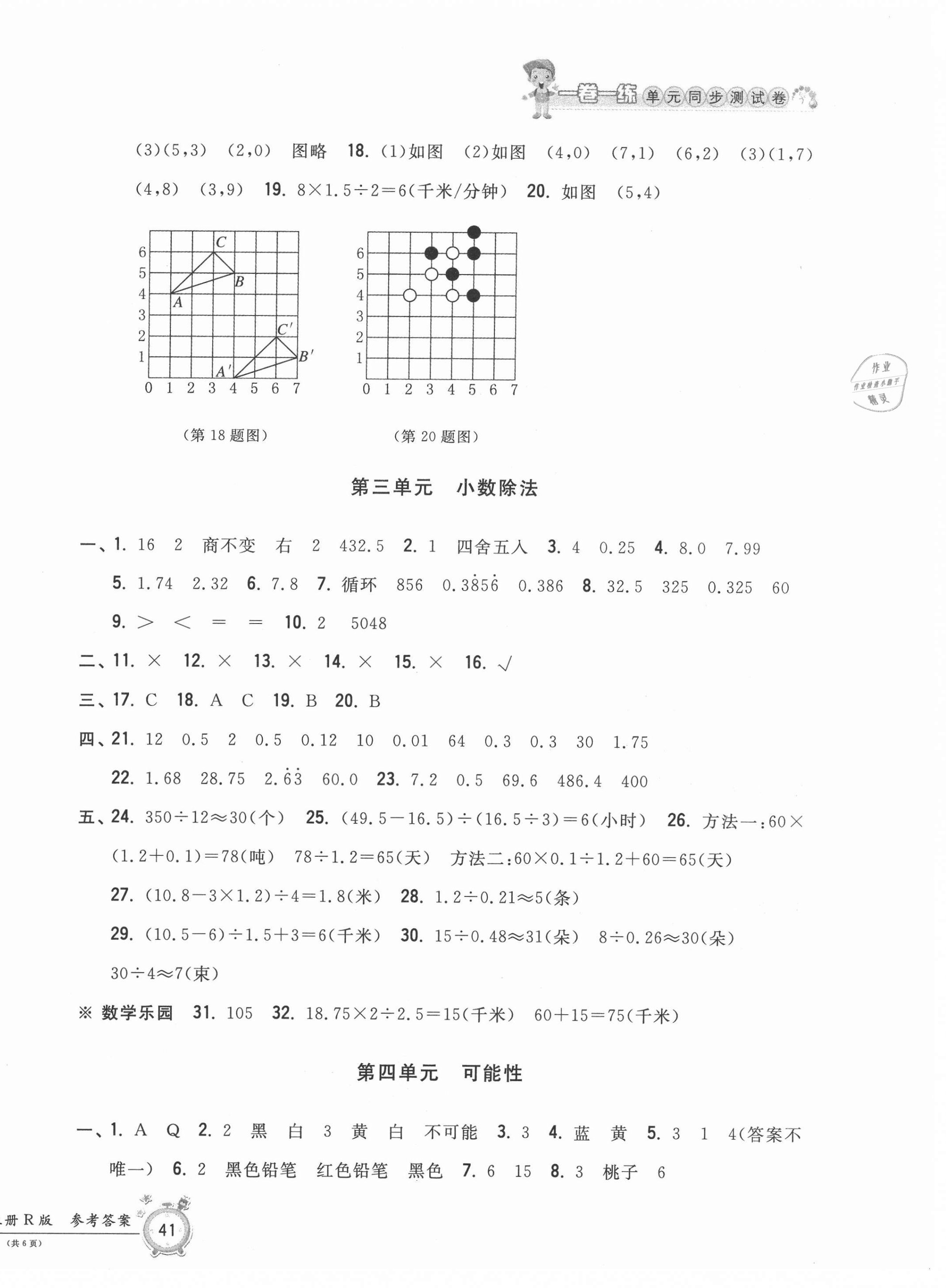 2020年一卷一练单元同步测试卷五年级数学上册人教版 参考答案第2页