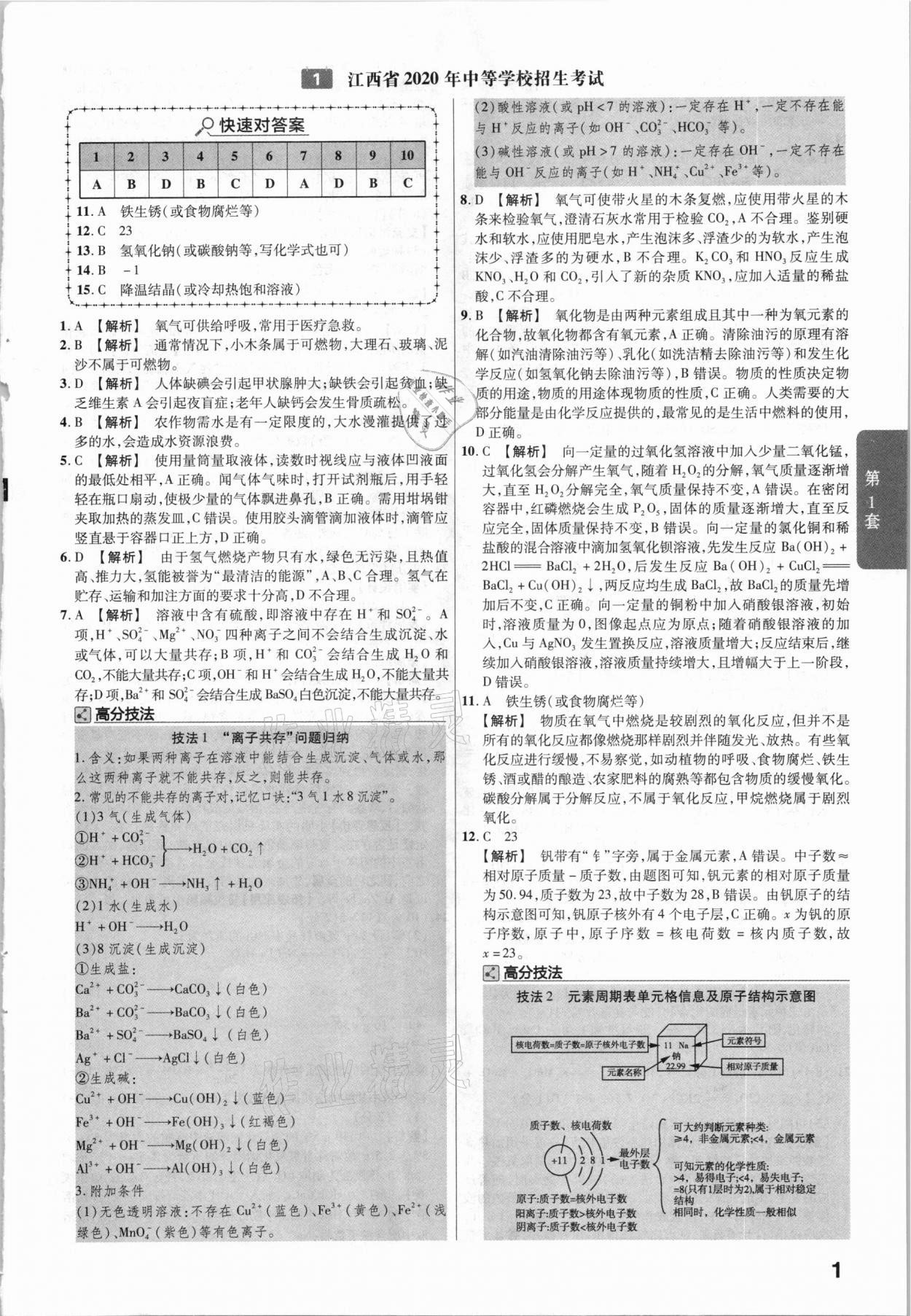 2021年金考卷中考45套汇编化学江西专用 参考答案第1页