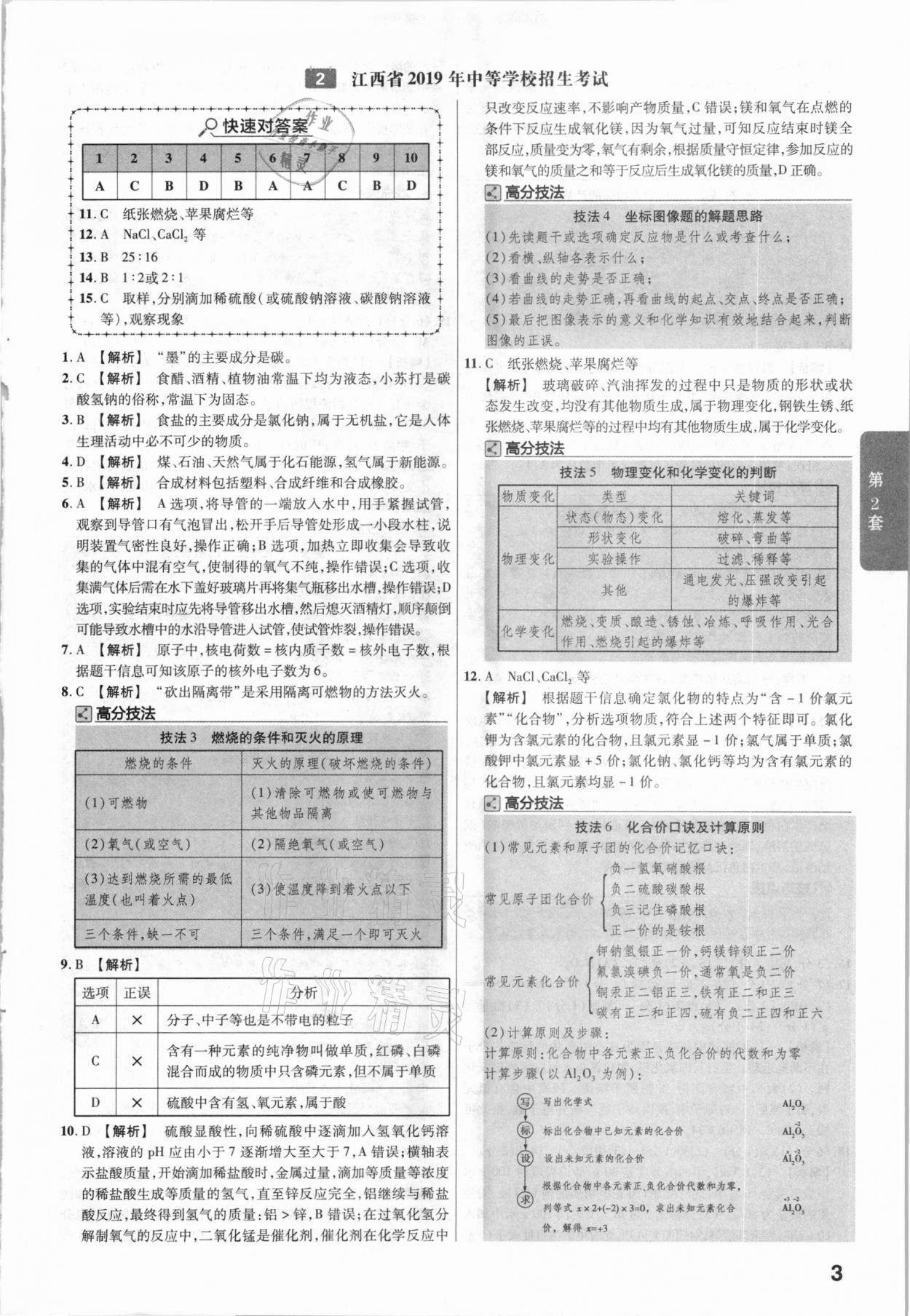 2021年金考卷中考45套汇编化学江西专用 参考答案第3页