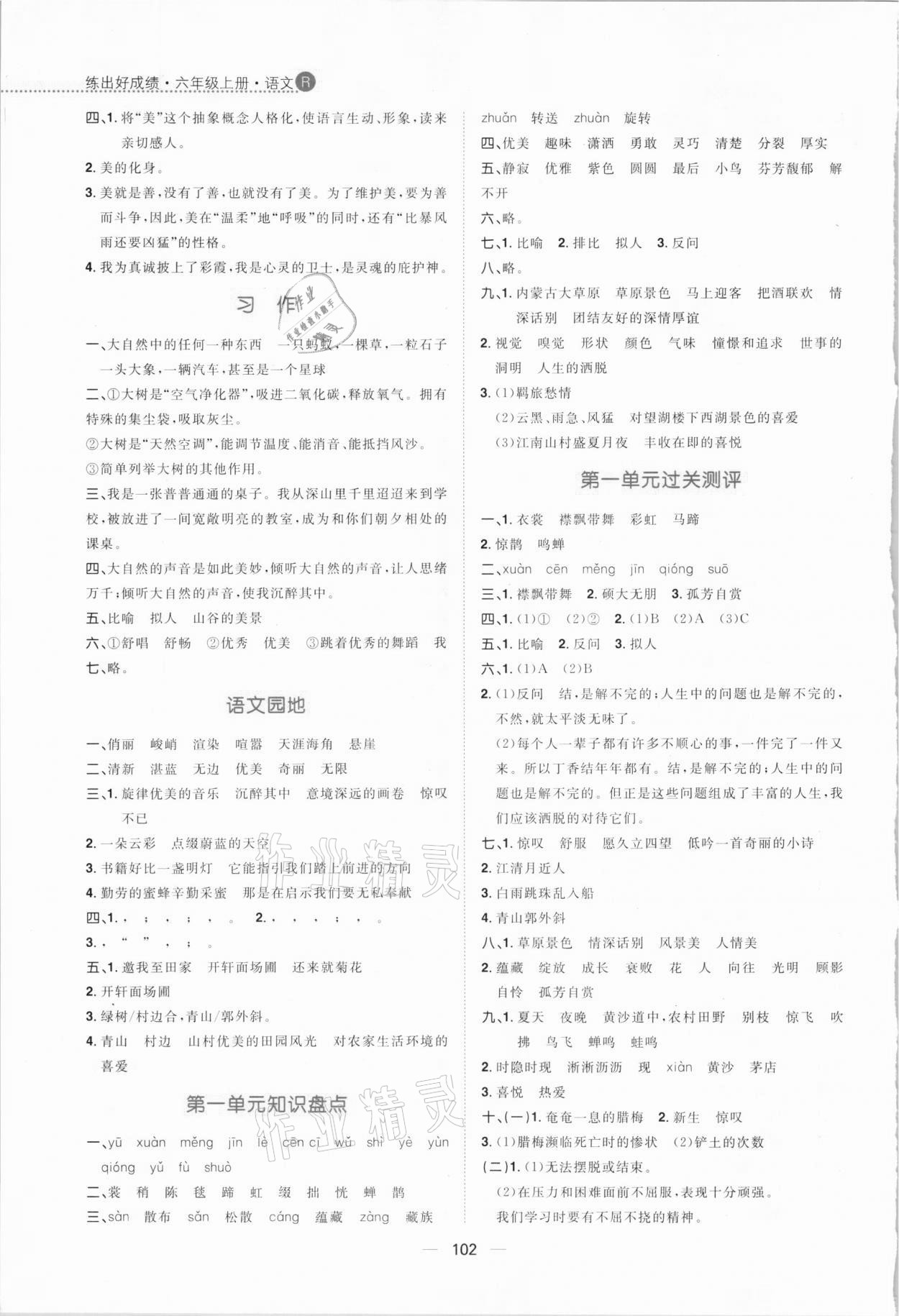 2020年練出好成績(jī)六年級(jí)語(yǔ)文上冊(cè)人教版 參考答案第2頁(yè)