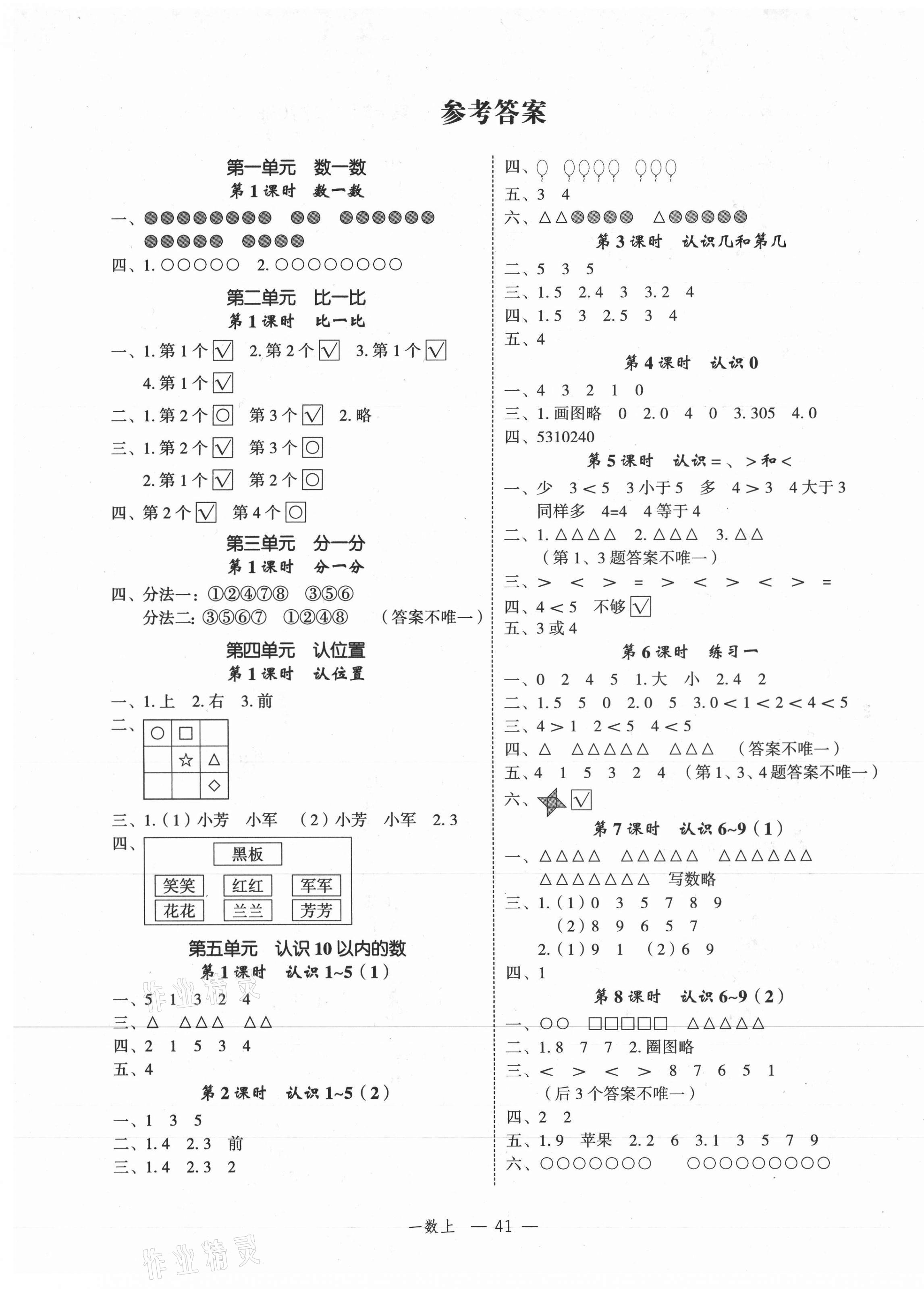 2020年名師面對面先學(xué)后練一年級數(shù)學(xué)上冊蘇教版 參考答案第1頁