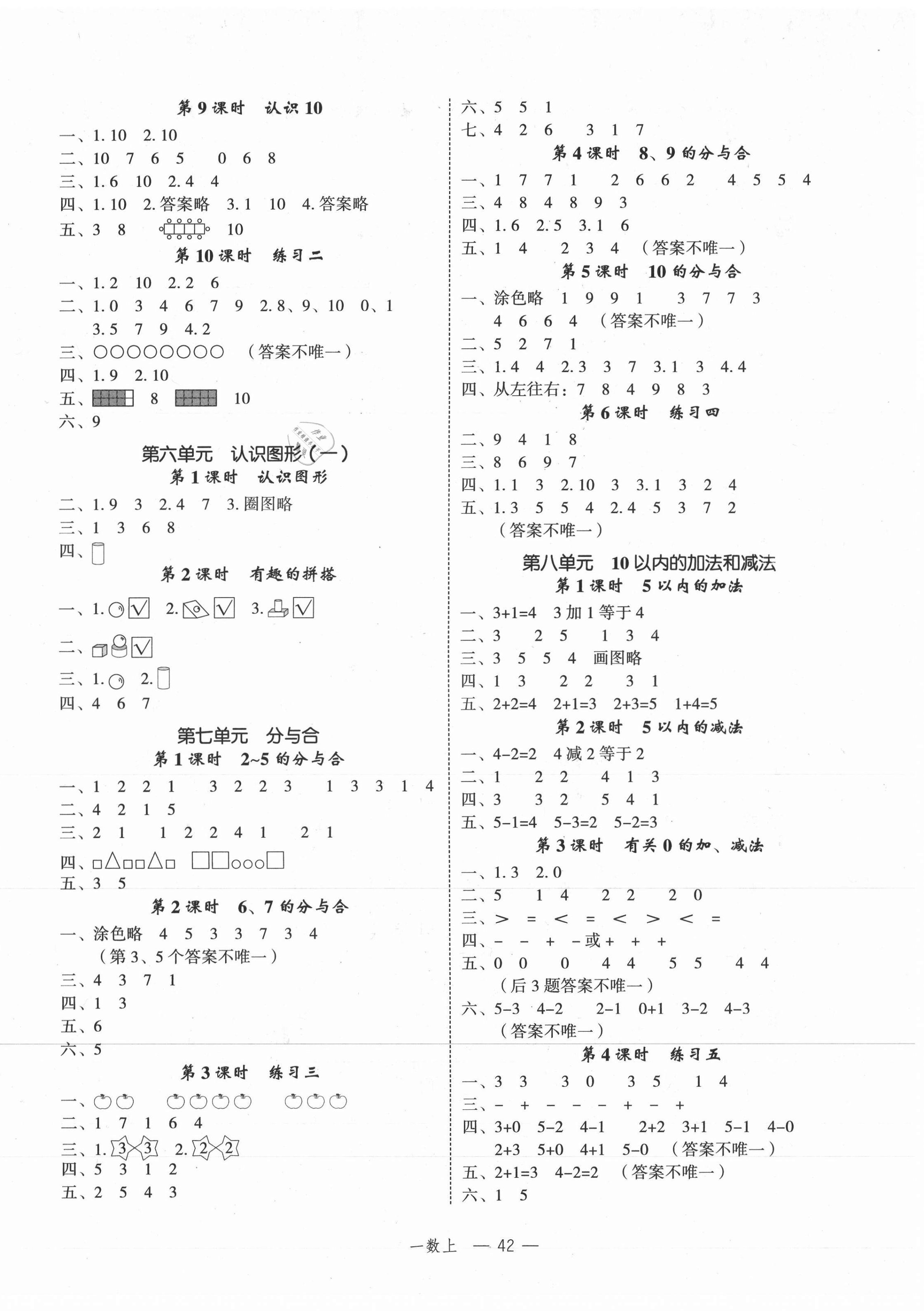 2020年名師面對(duì)面先學(xué)后練一年級(jí)數(shù)學(xué)上冊(cè)蘇教版 參考答案第2頁(yè)